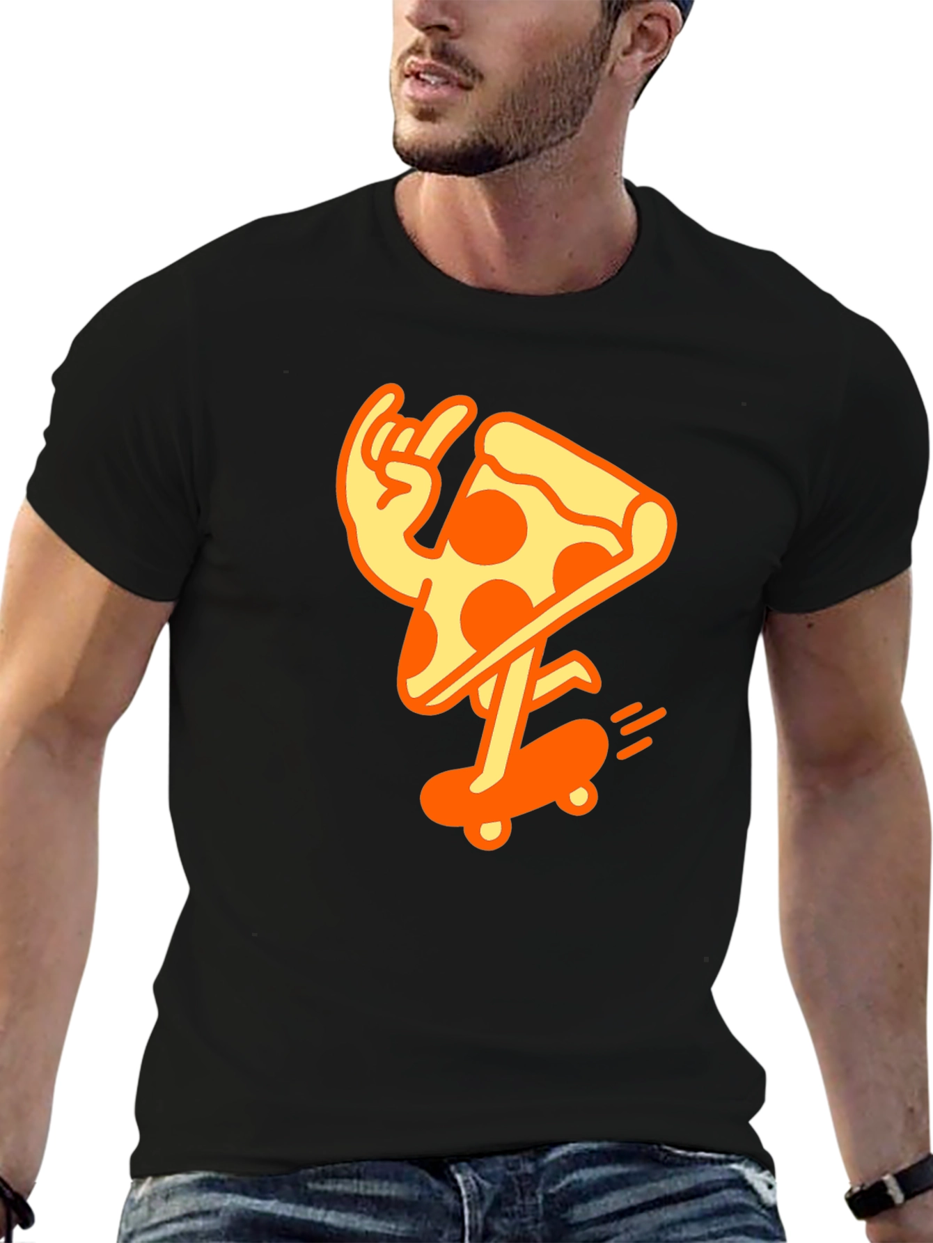 Black Cool Pizza Skater Graphic T-Shirt - Black Cotton Tee view 6