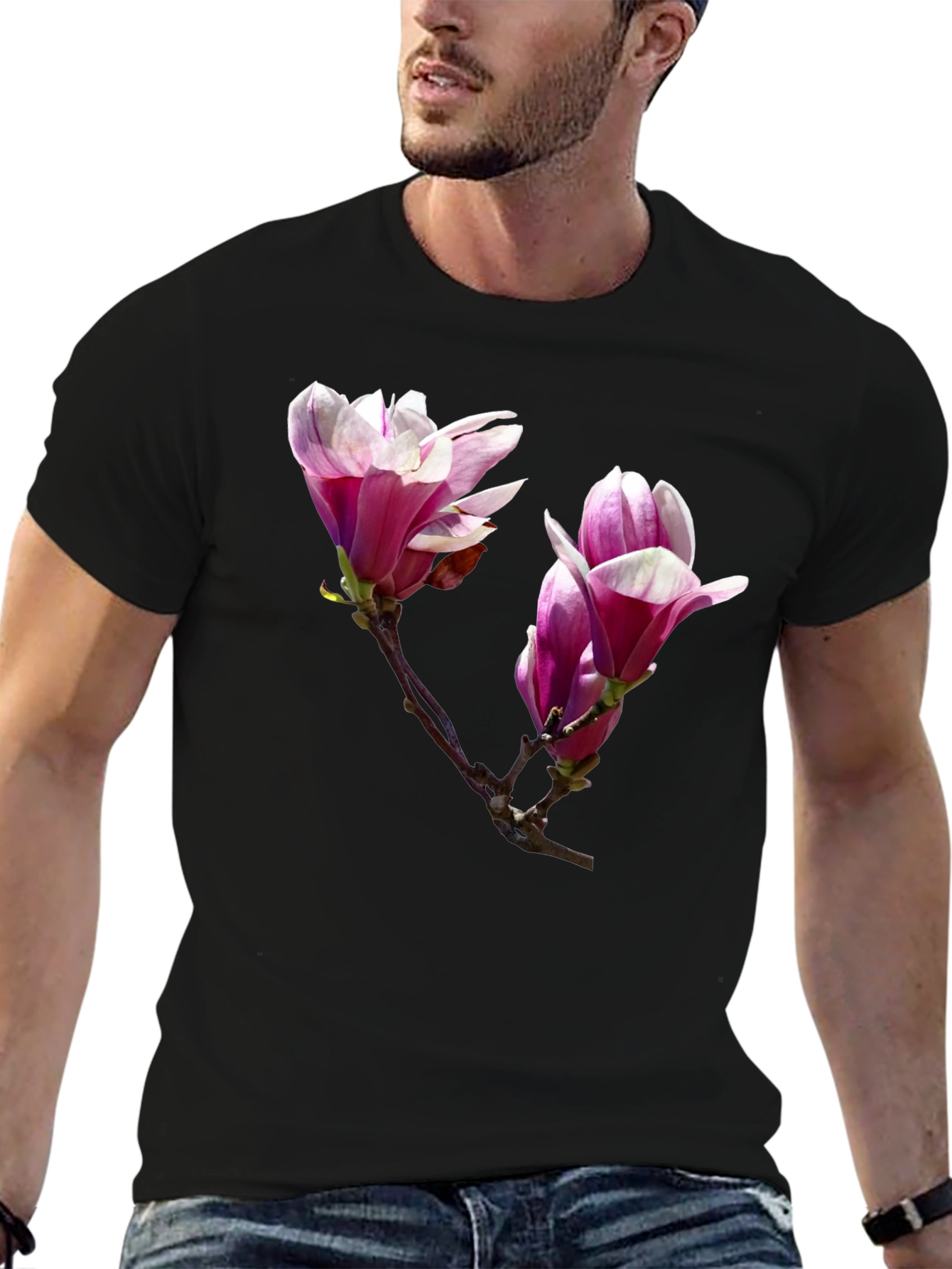 Black Floral Print Black T-Shirt - Botanical Design view 6