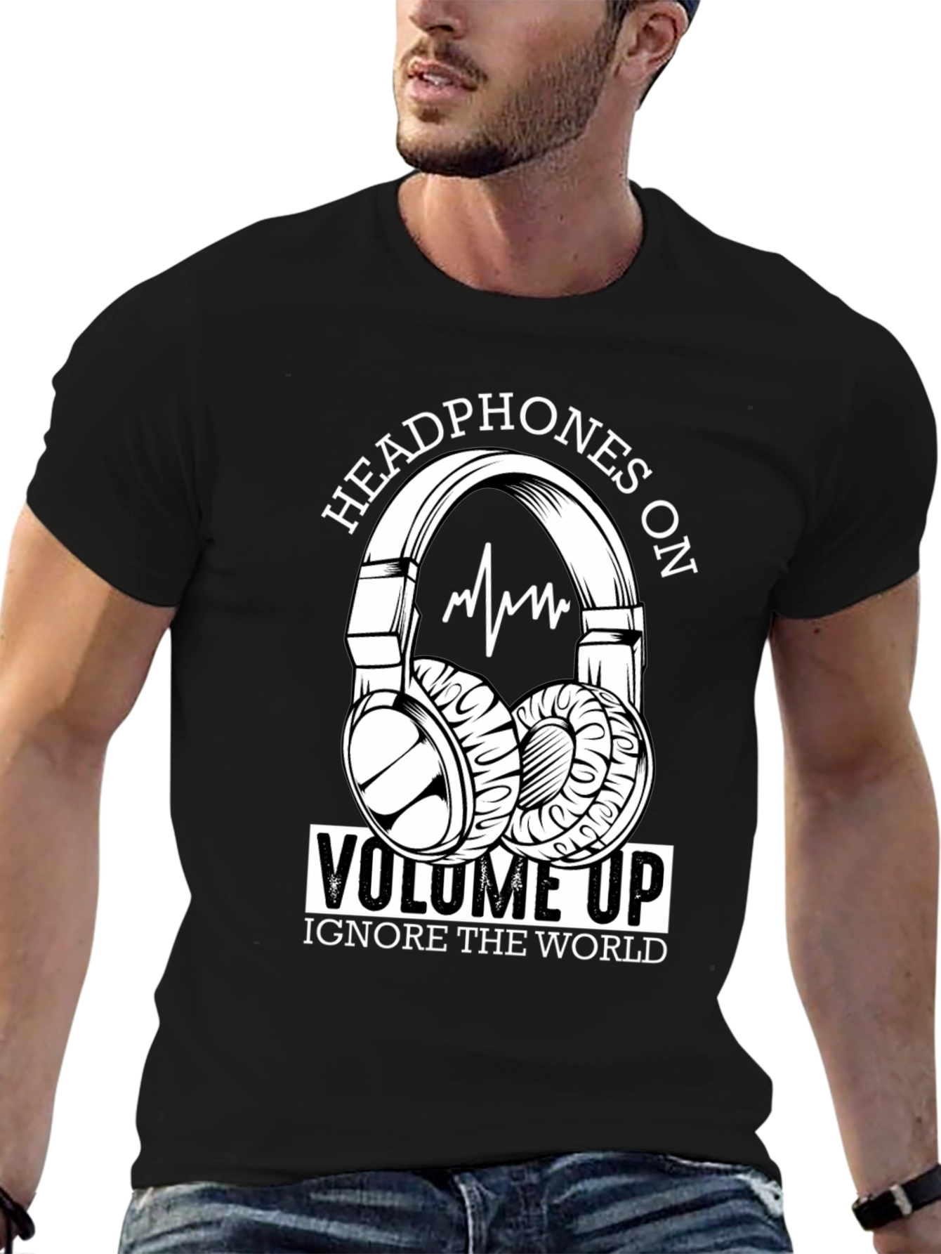 Black Headphones On Volume Up Black T-Shirt view 6