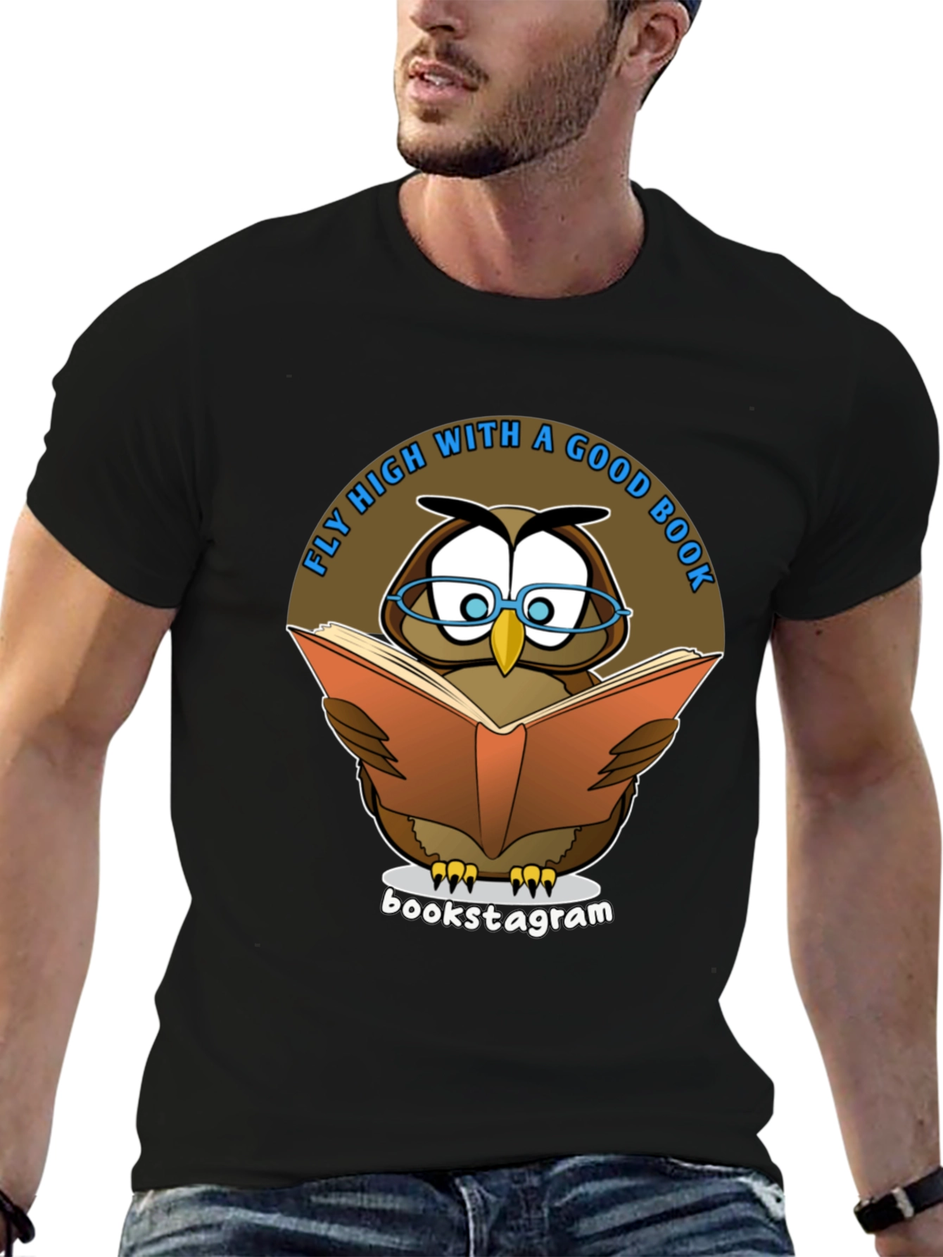 Black Fly High With A Good Book Owl T-Shirt view 6