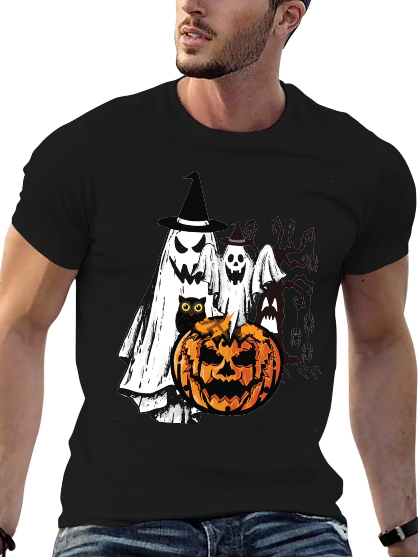 Black Halloween Ghost & Pumpkin T-Shirt view 6