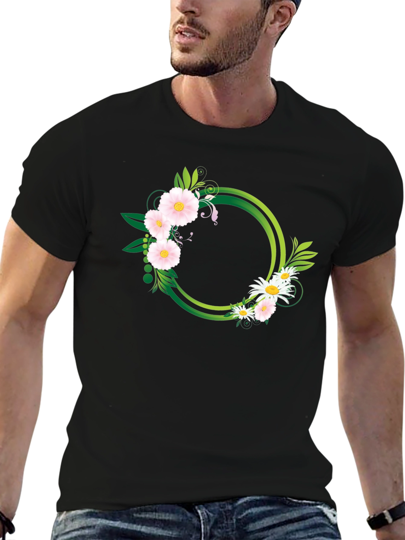 Black Floral Circle Graphic Black T-Shirt view 6