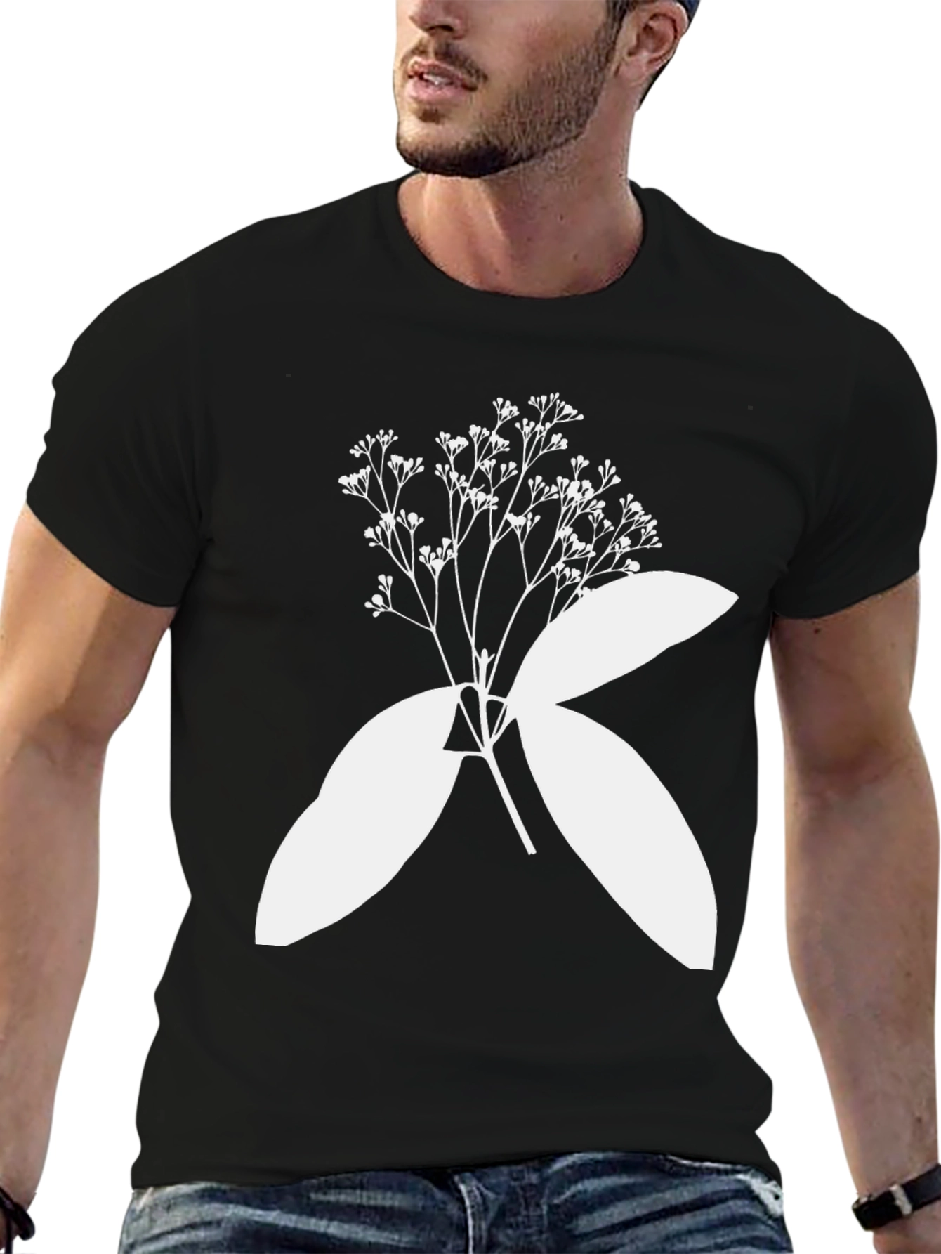 Black Black T-Shirt with Botanical White Print view 6