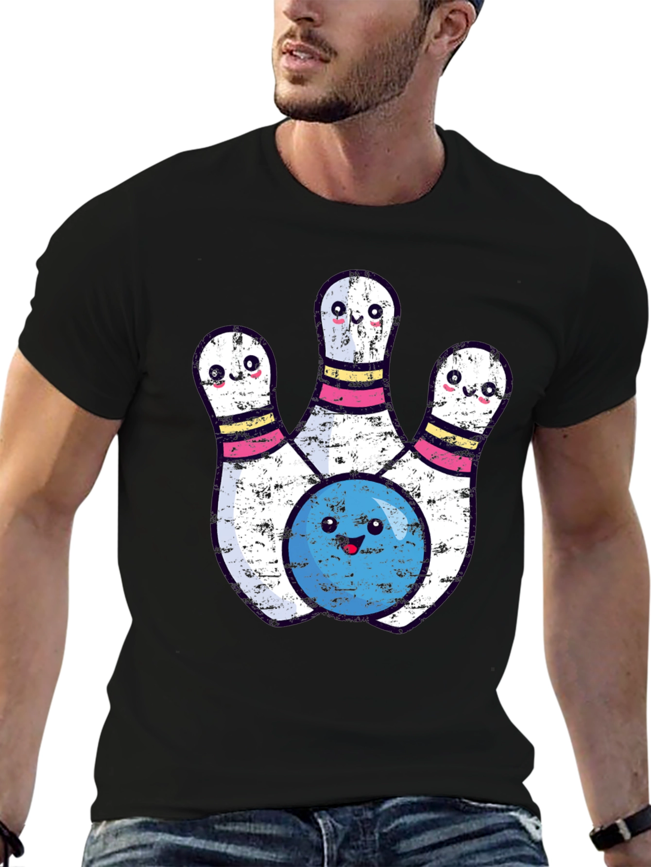 Black Cute Bowling Pins & Ball Graphic T-Shirt view 6