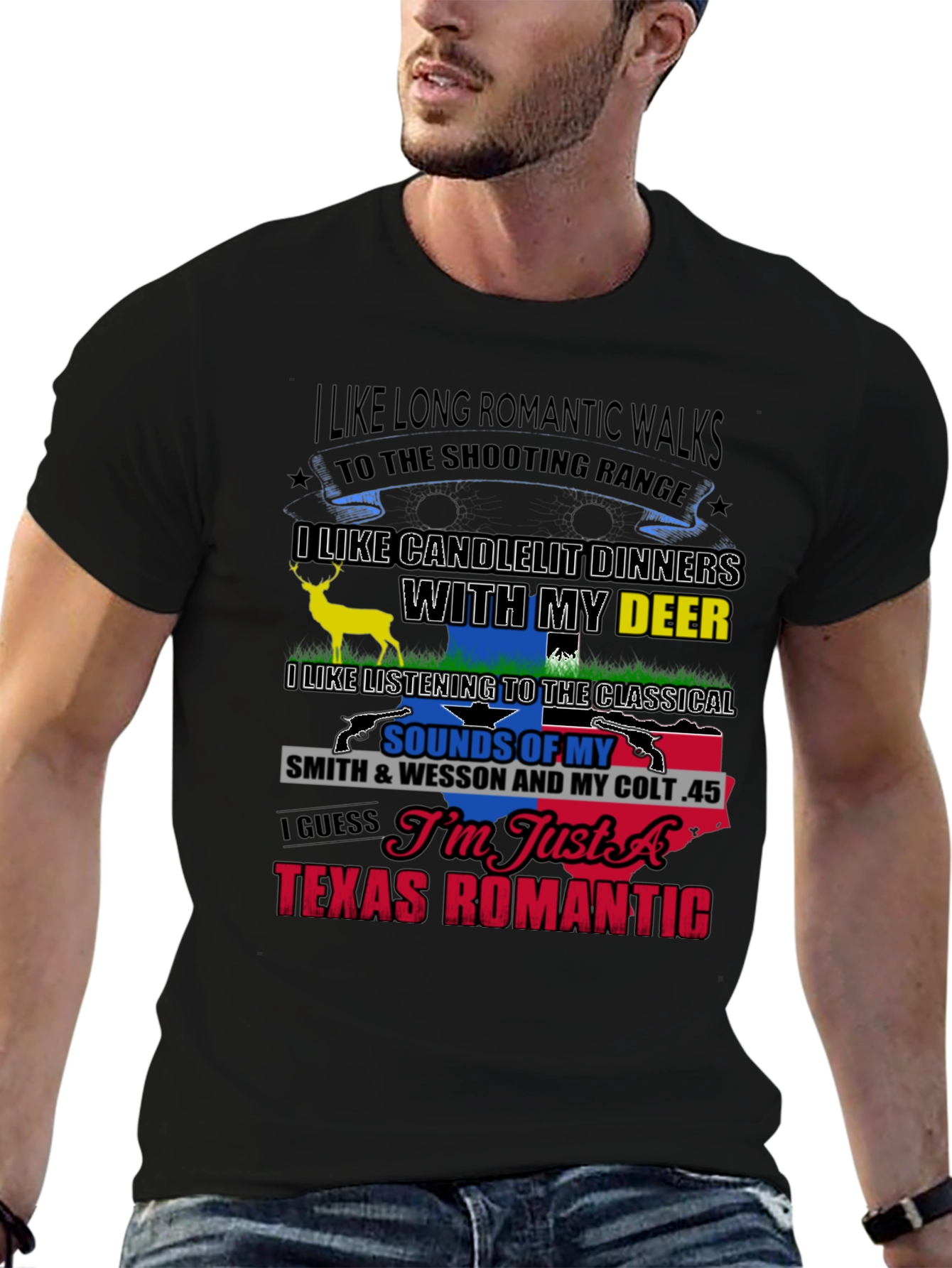 Black Texas Romantic T-Shirt: Guns & Deer view 6