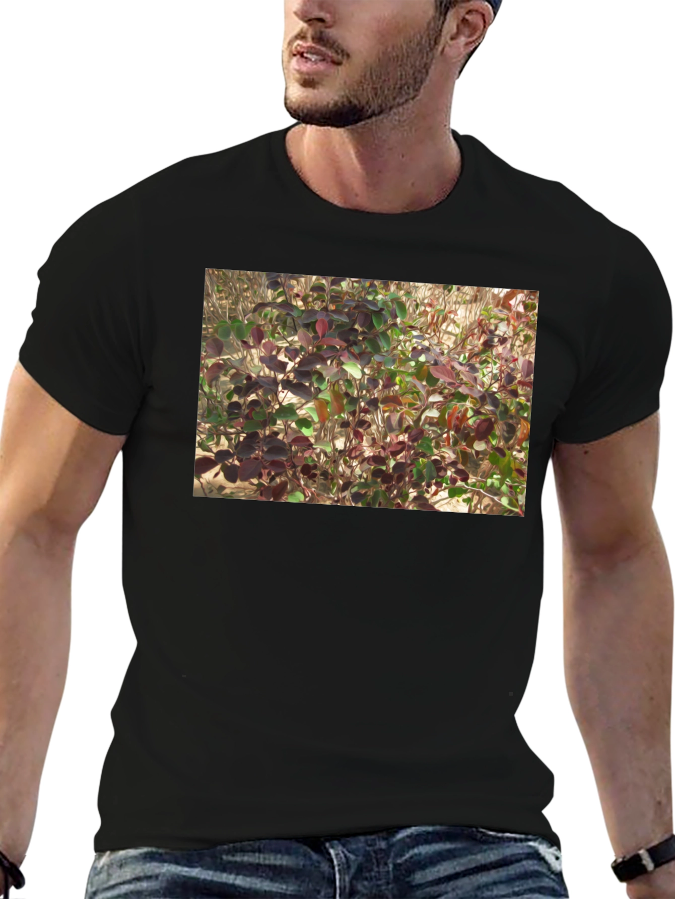 Black Nature Leaves Print Black T-Shirt view 6