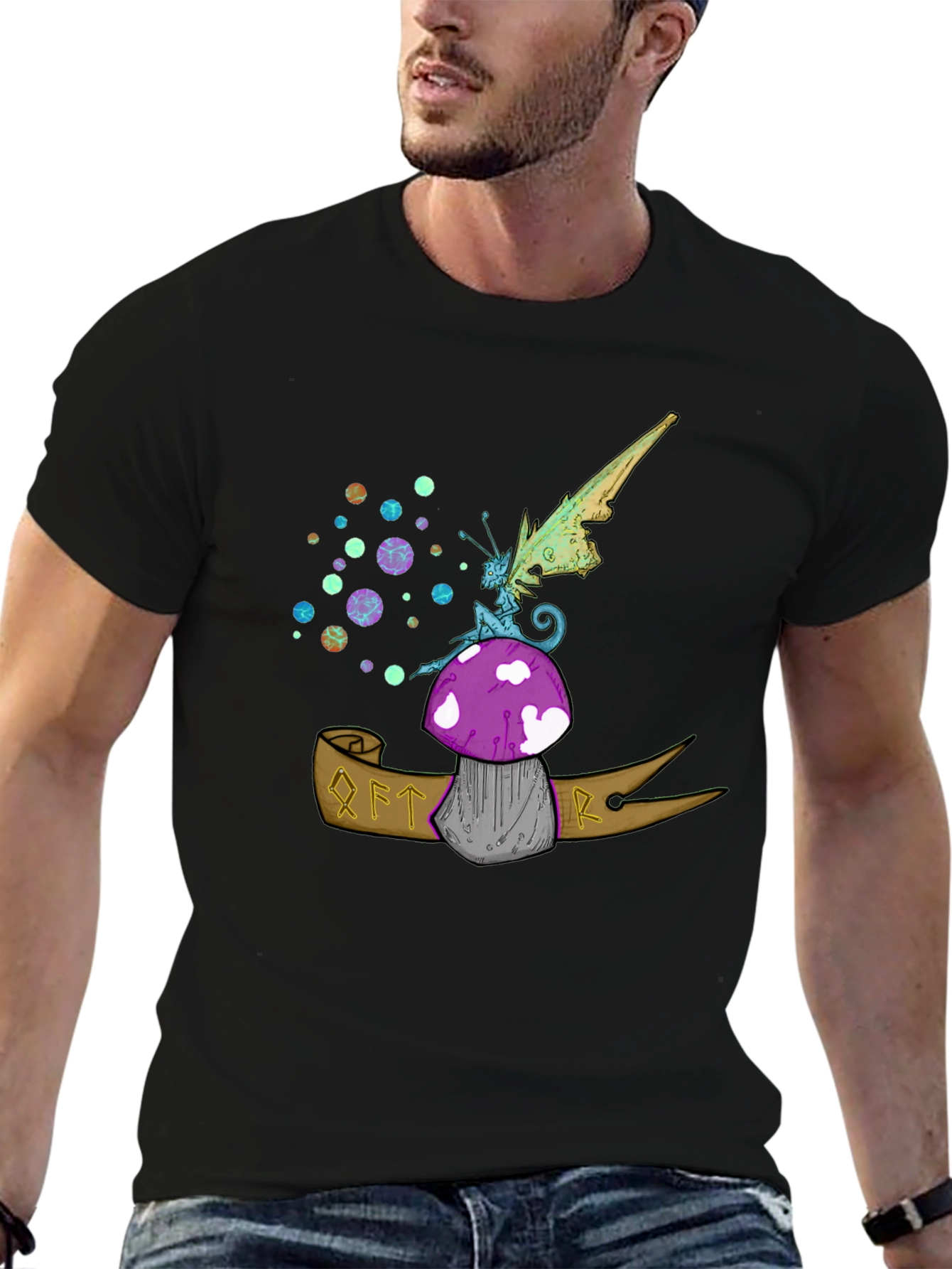 Black Whimsical Fairy Mushroom Graphic Tee - Black view 6