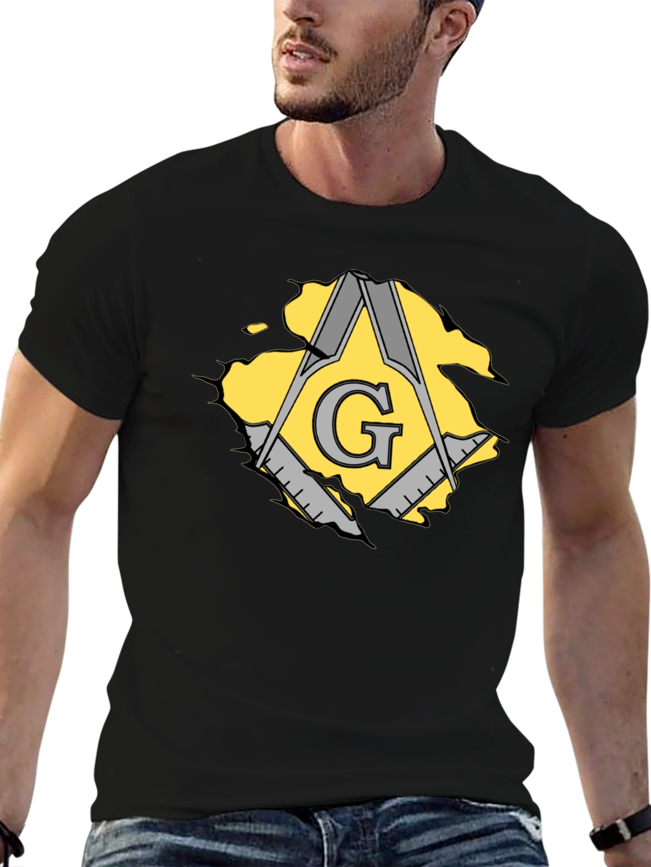 Black Masonic Square & Compasses Men's Black T-Shirt view 6