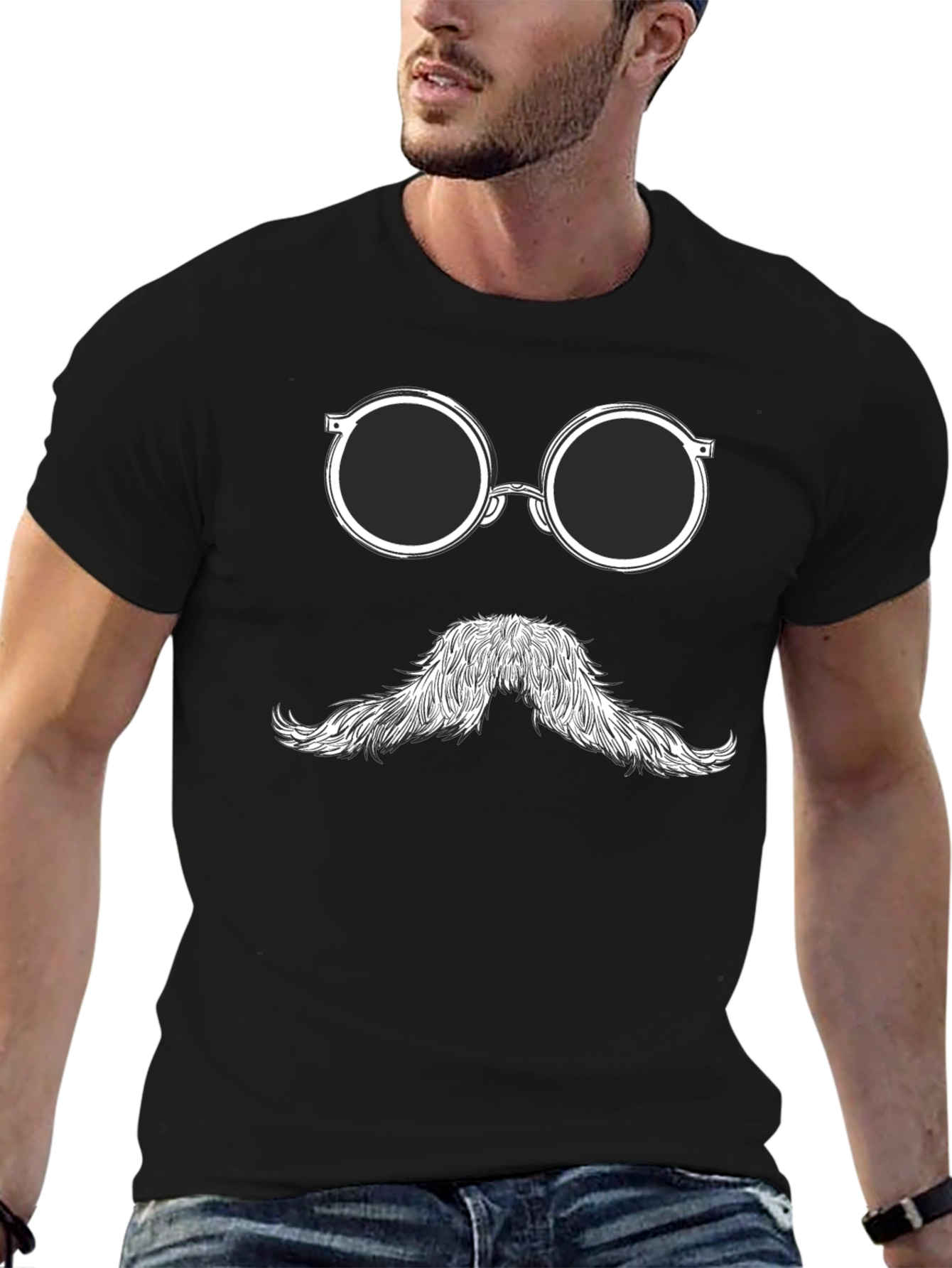 Black Funny Mustache Glasses Graphic Tee view 6