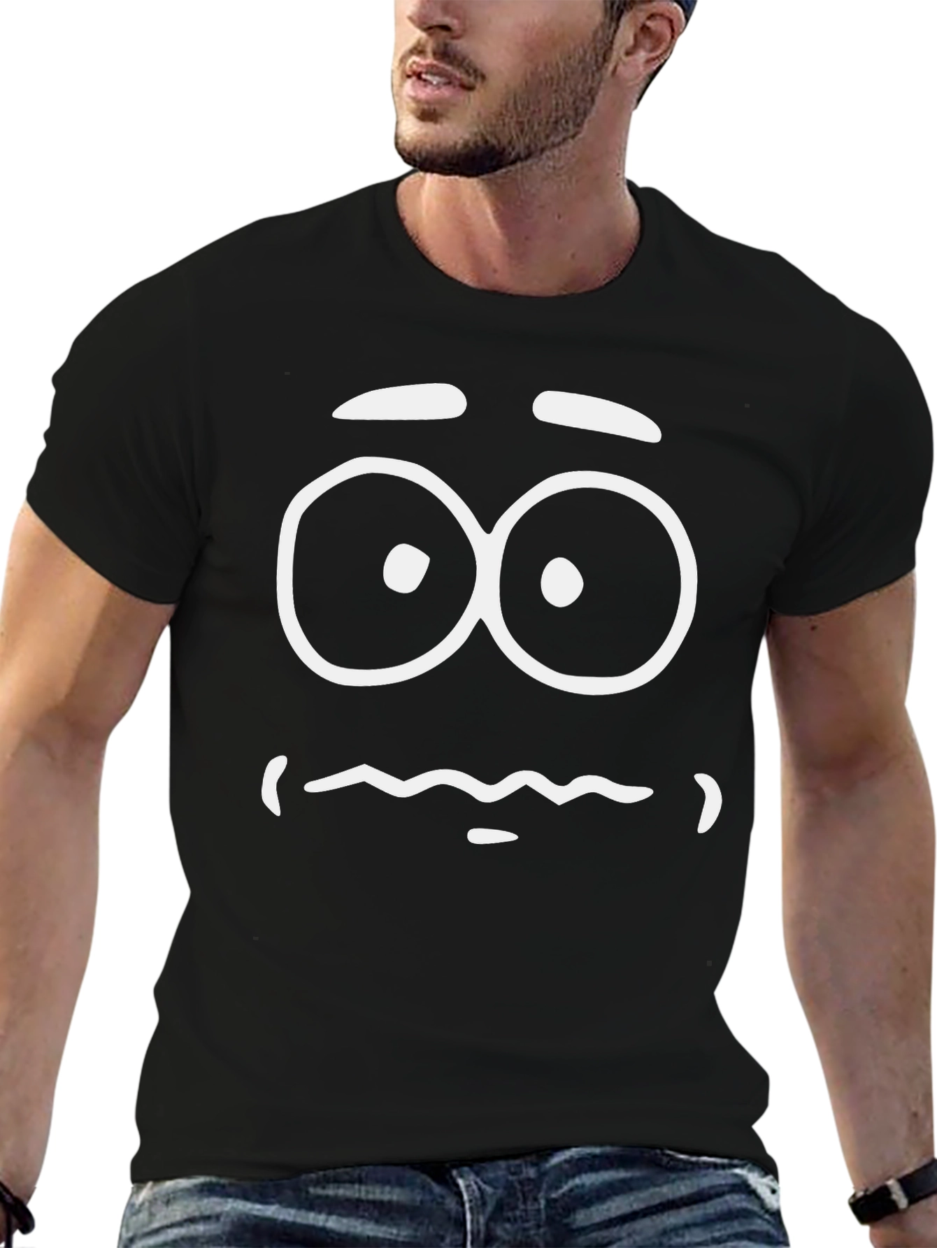 Black Funny Cartoon Face Graphic Tee - Black Cotton T-Shirt view 6
