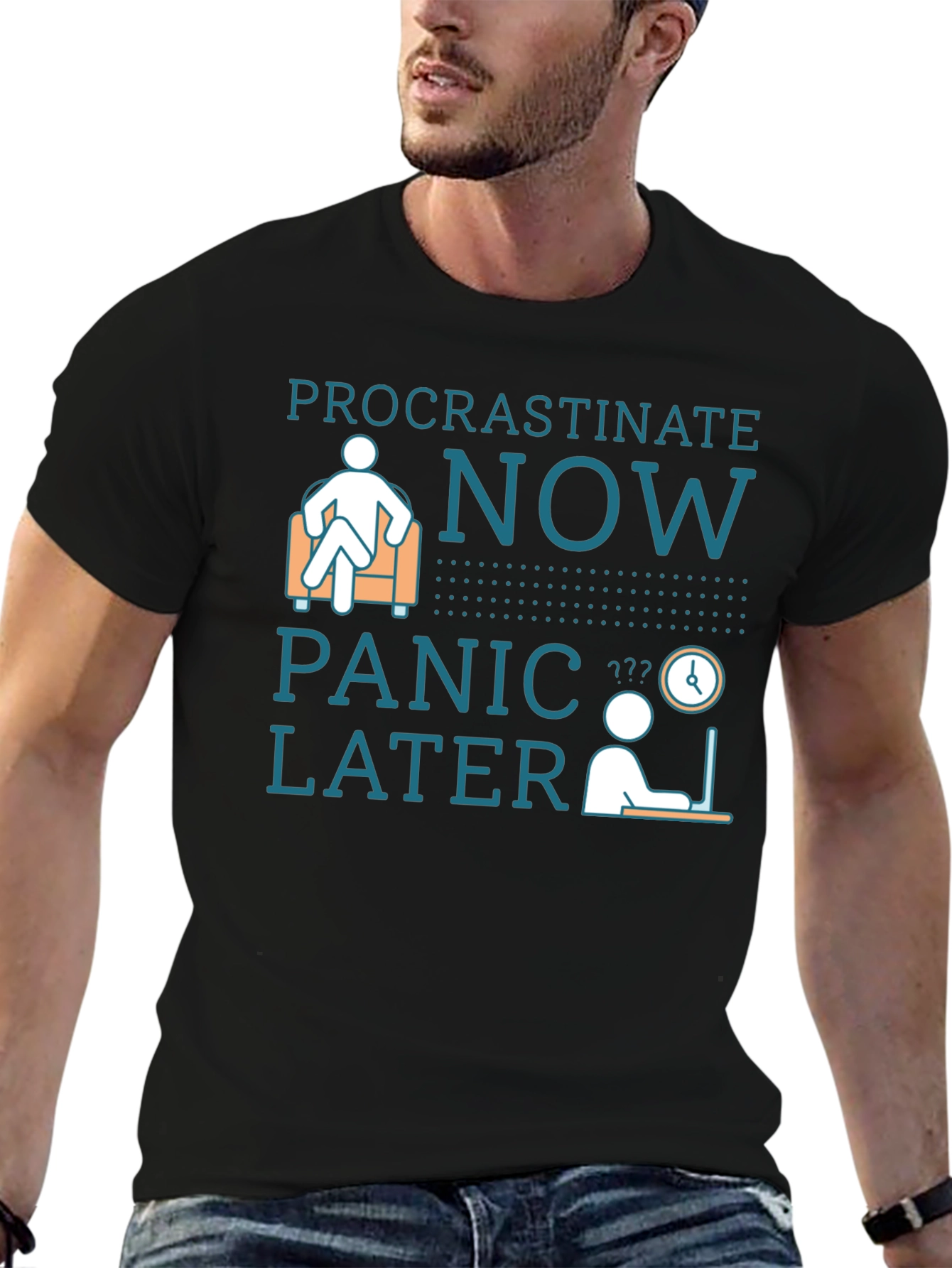 Black Procrastinate Now Panic Later Men's Graphic T-Shirt view 6