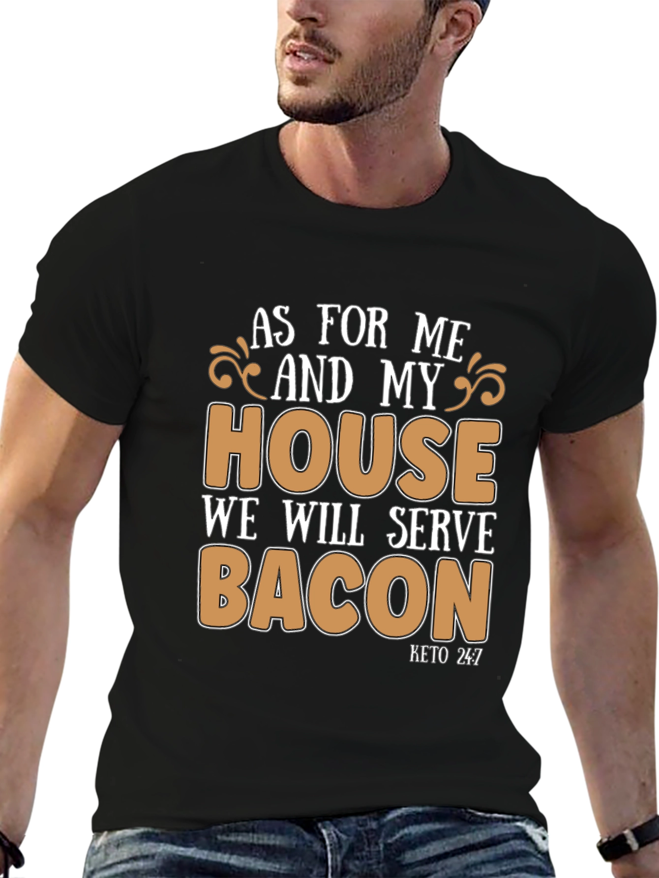 Black As for Me and My House, We Will Serve Bacon T-Shirt view 6
