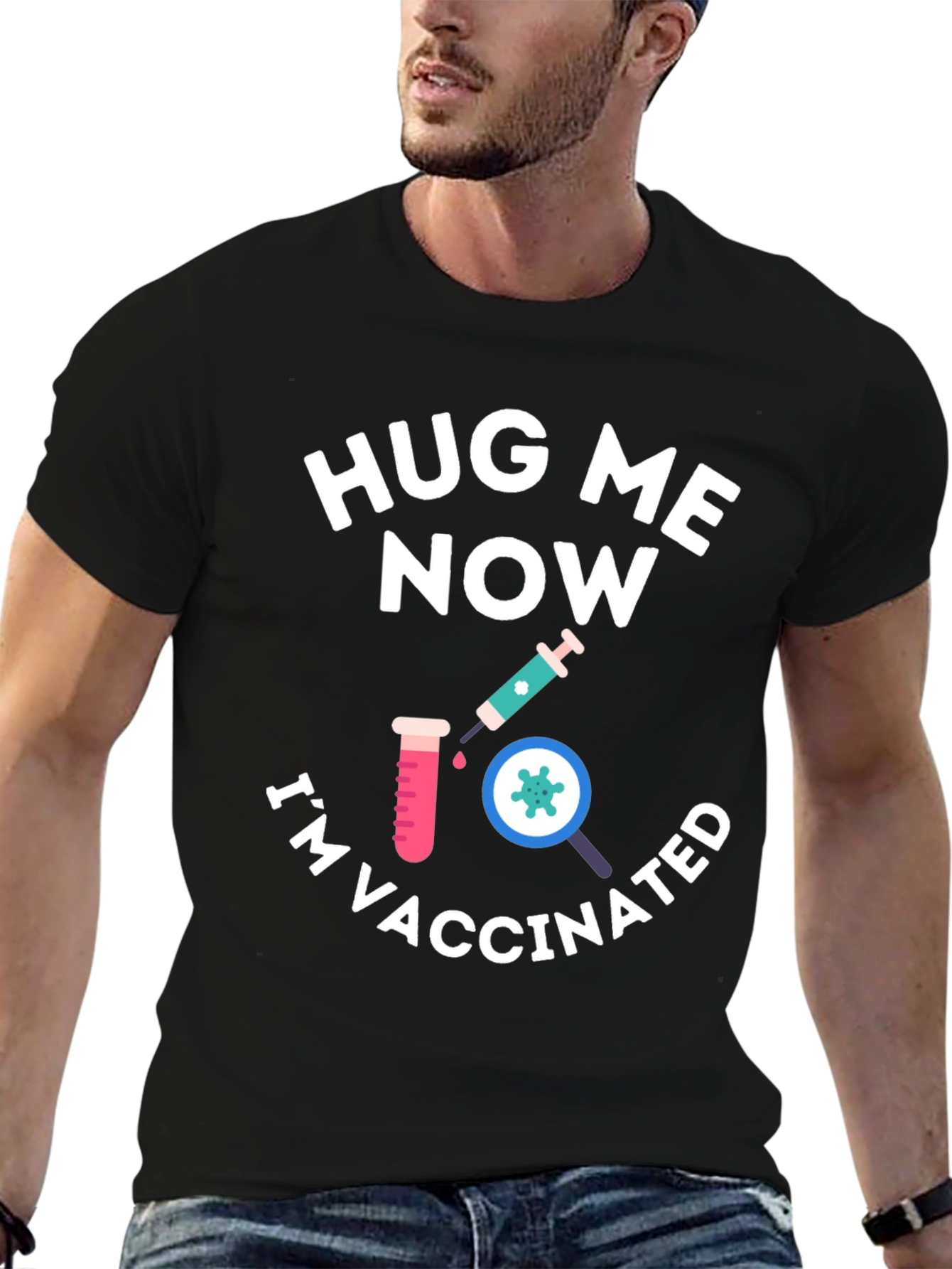 Black Hug Me Now I'm Vaccinated Black T-Shirt view 6