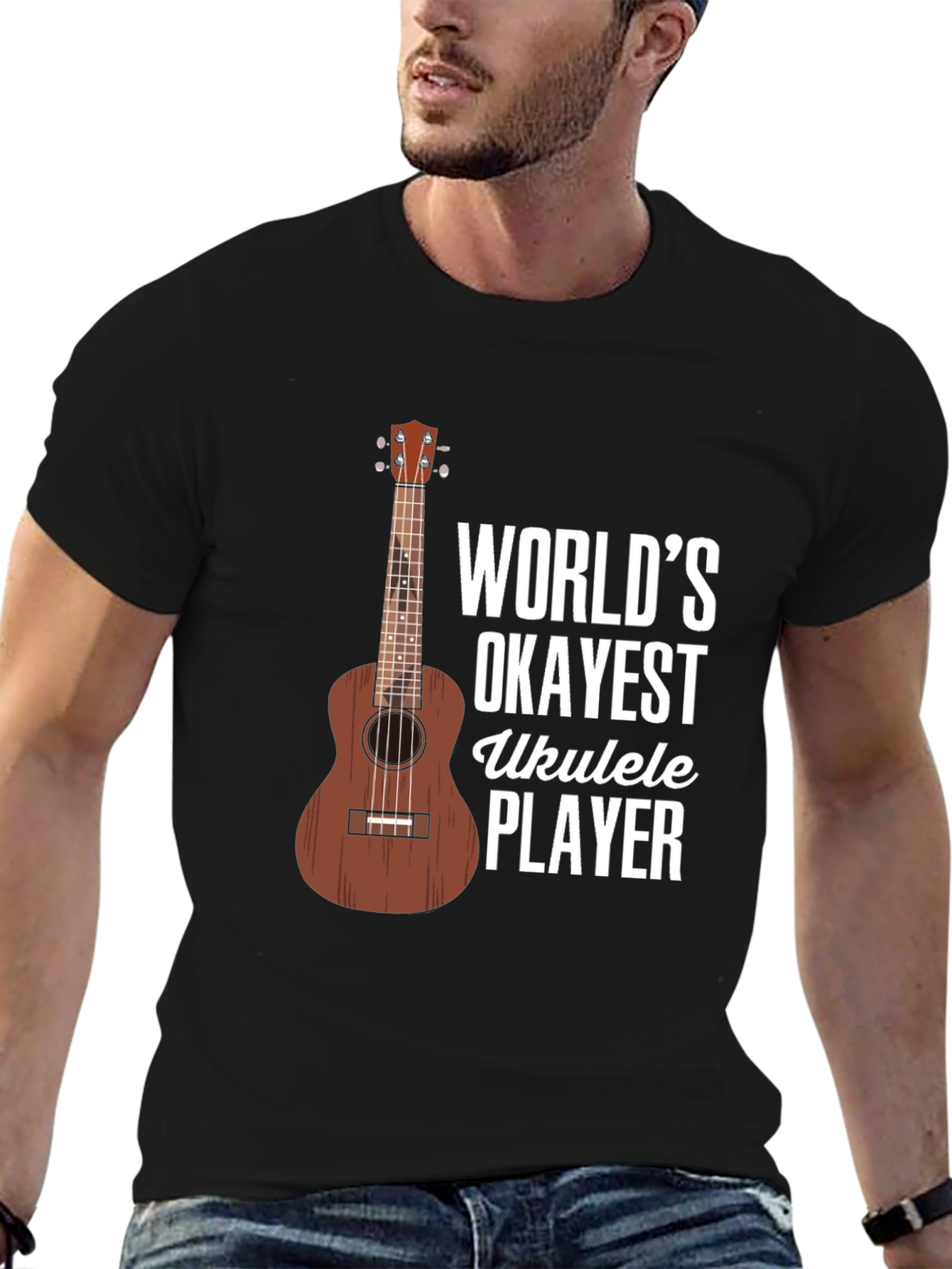 Black World's Okayest Ukulele Player Graphic T-Shirt view 6