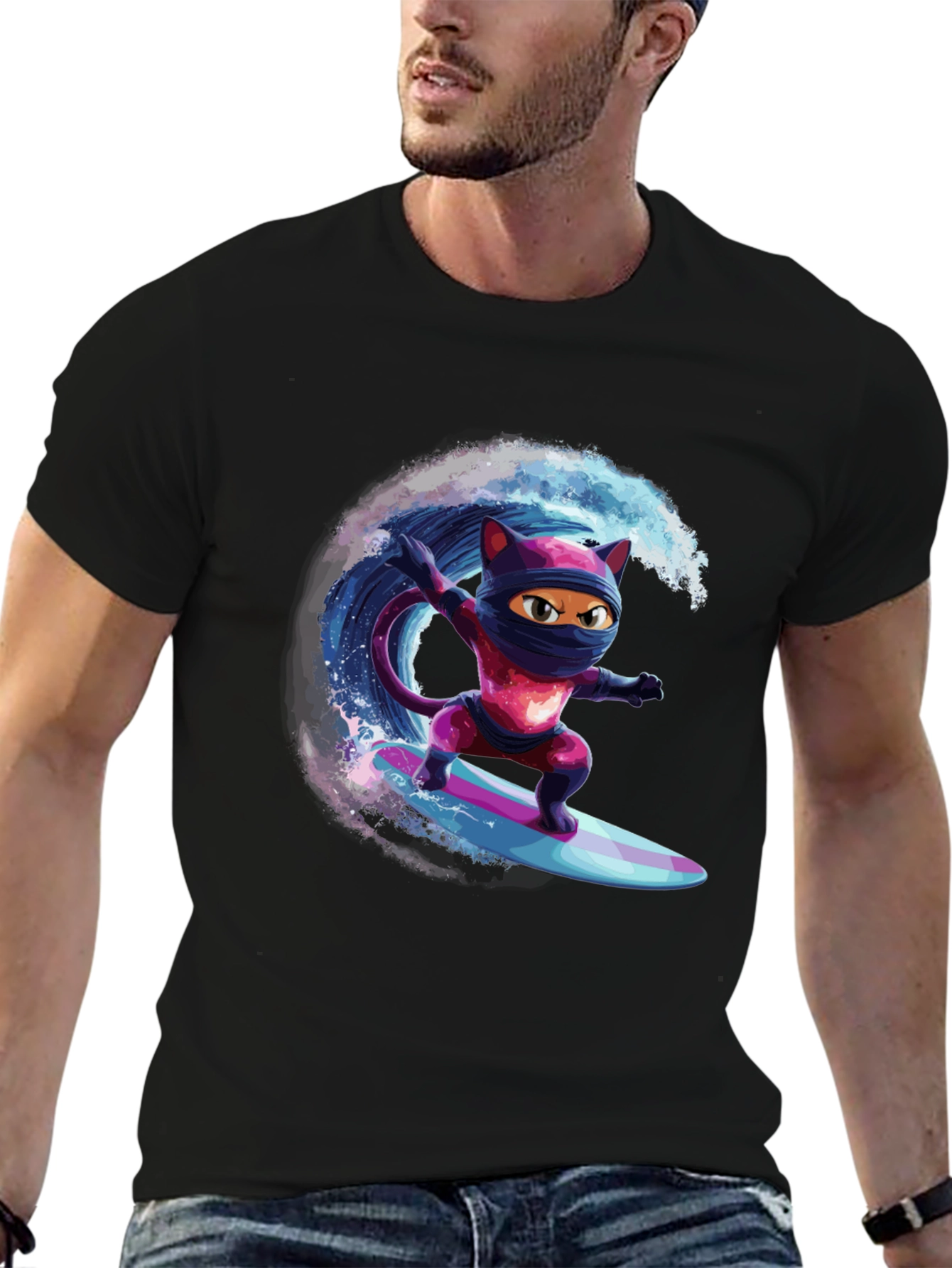 Black Ninja Cat Surfing T-Shirt - Cool Graphic Tee view 6