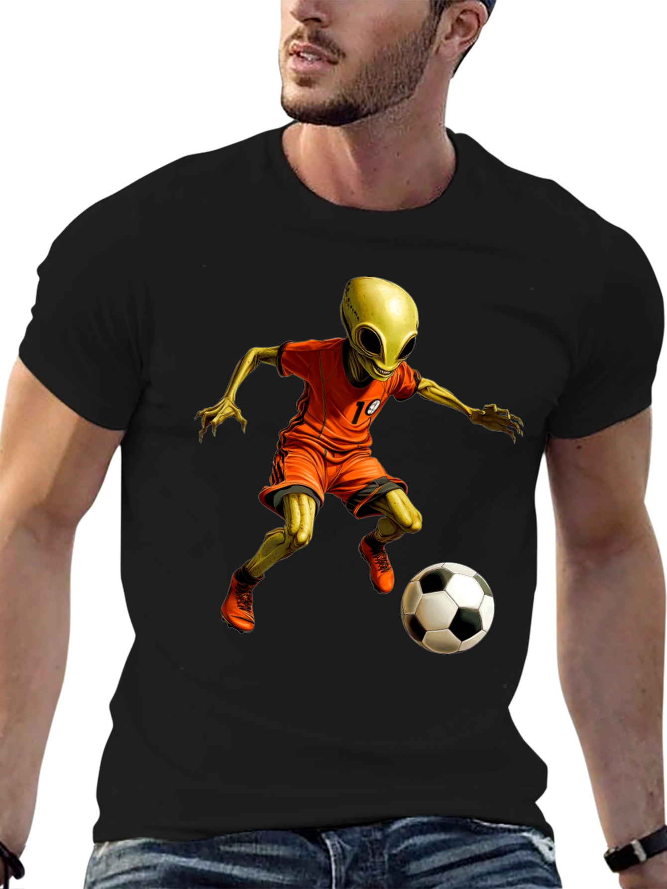 Black Alien Soccer T-Shirt - Galactic Goals! view 6