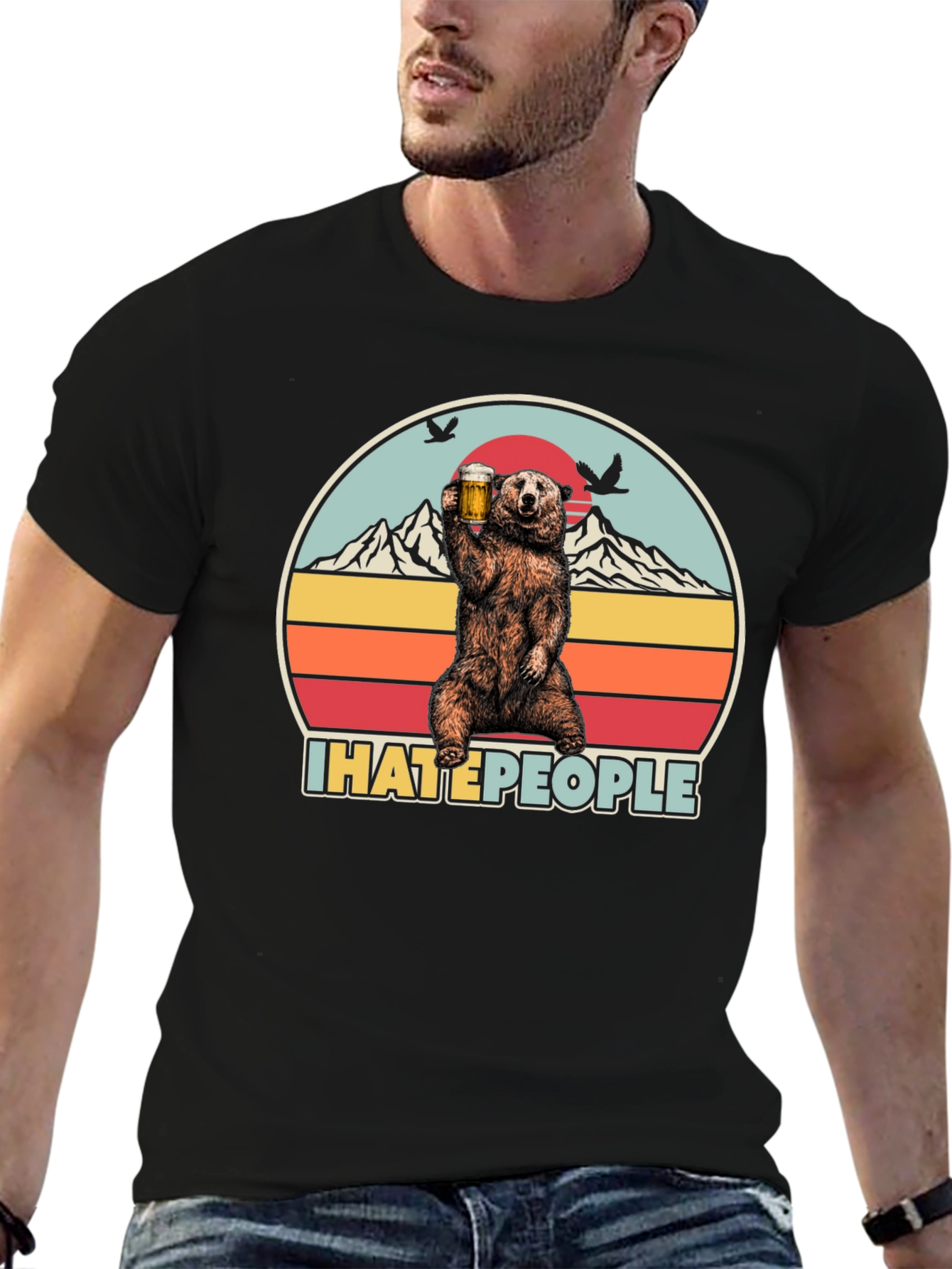 Black I Hate People Bear Drinking Beer T-Shirt view 6