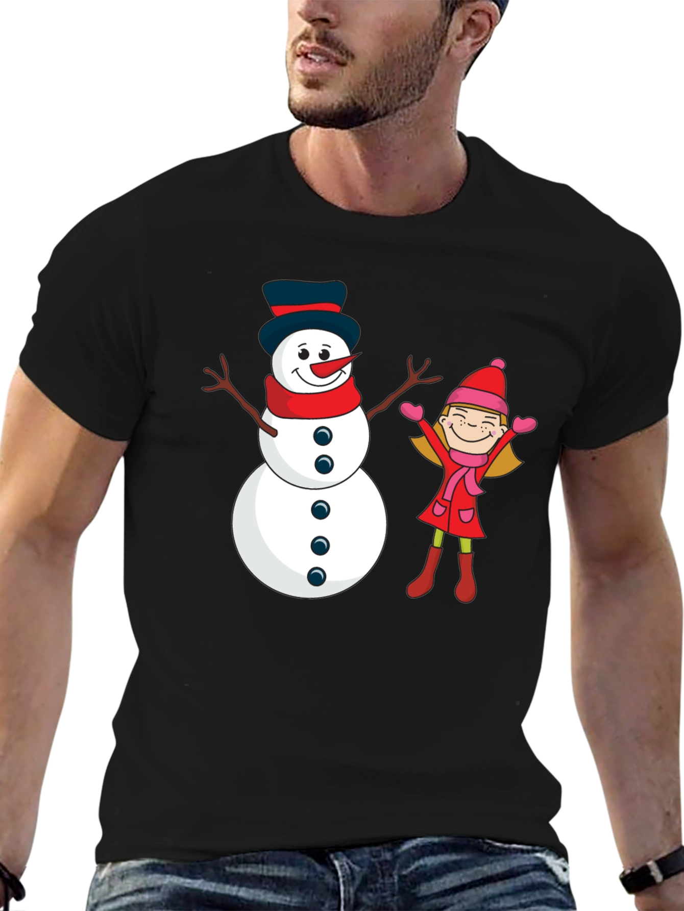 Black Festive Snowman & Girl Graphic Tee - Black view 6
