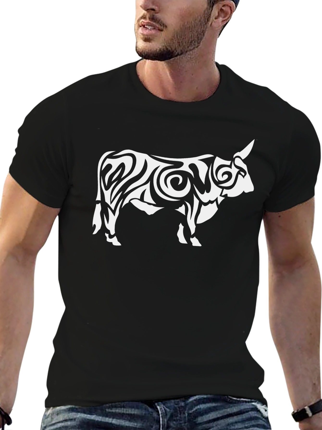 Black Tribal Bull Graphic Black T-Shirt view 6