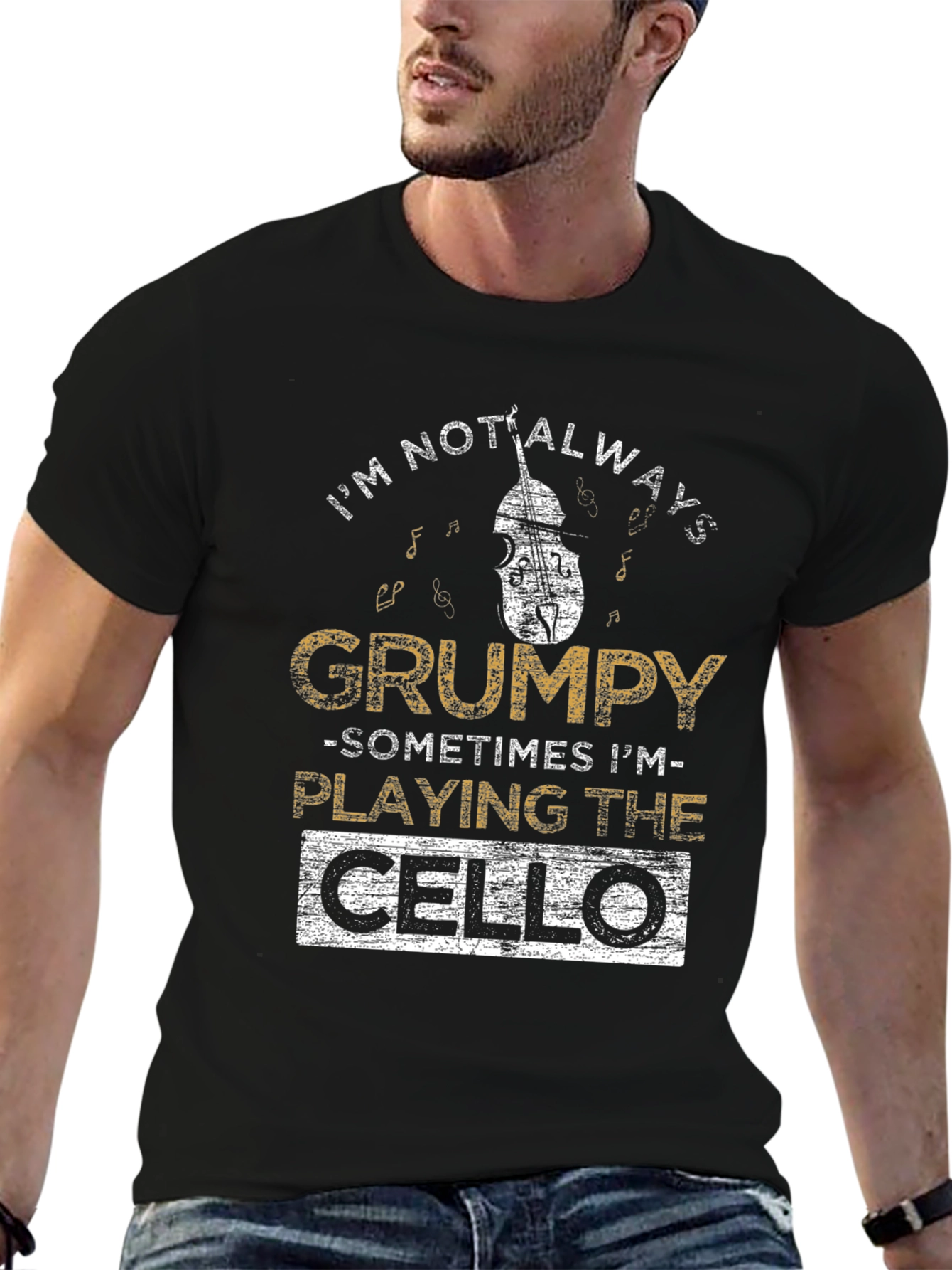 Black Grumpy Cello Player Black T-Shirt view 6