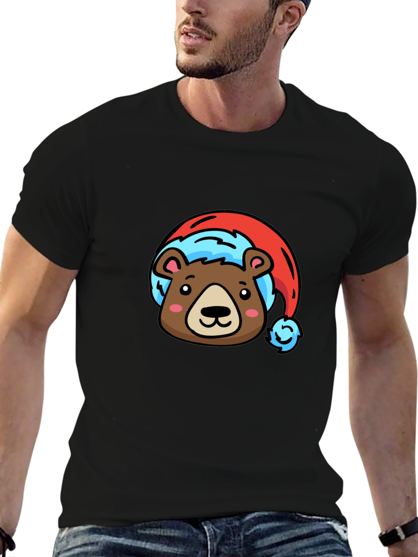 Black Bear Santa Hat Black T-Shirt view 6