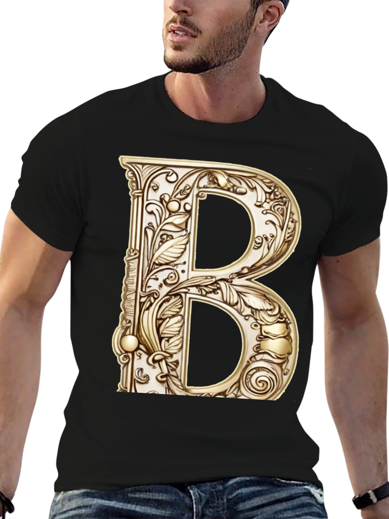 Black Ornate Initial B Graphic Tee - Black Cotton Blend view 6