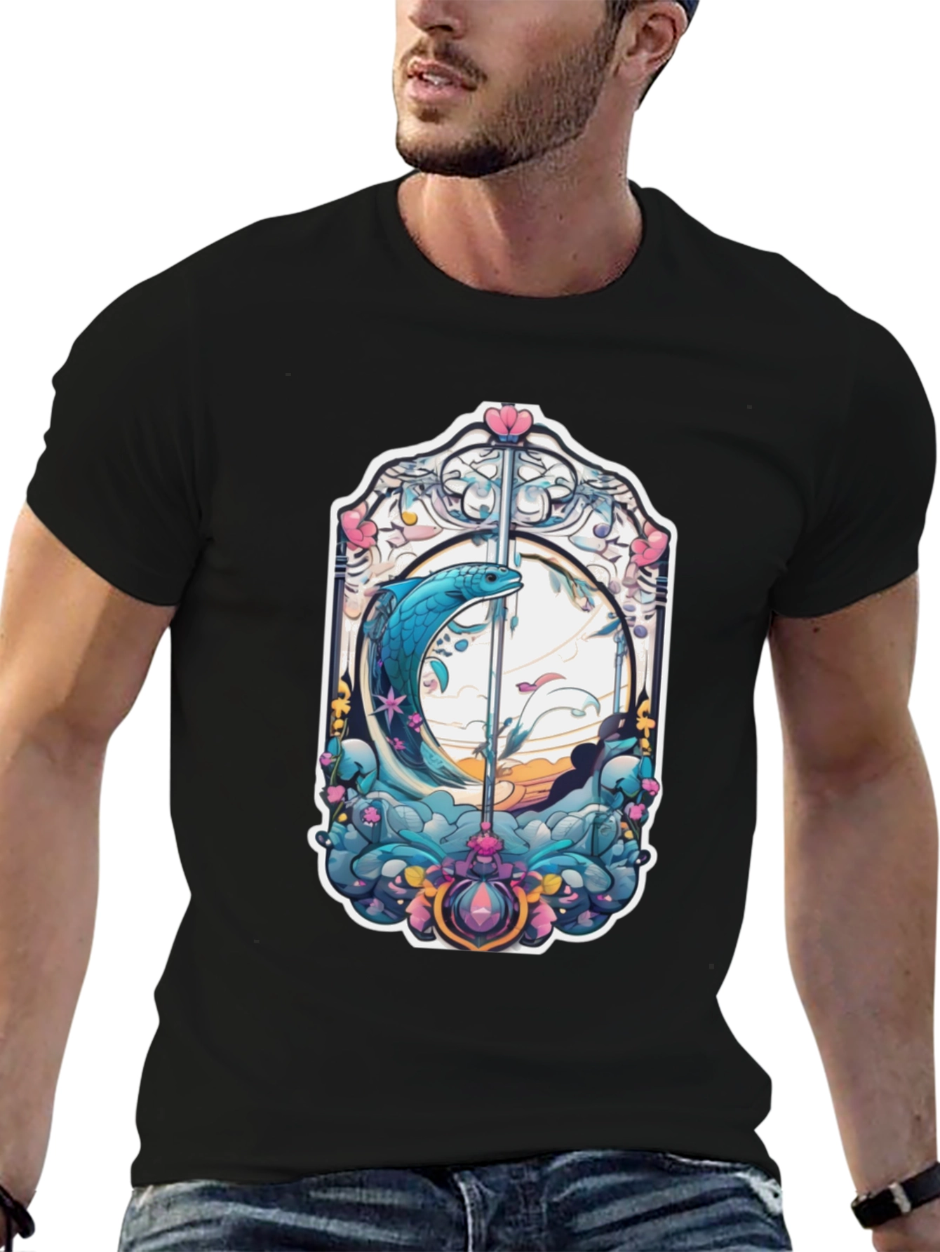 Black Artistic Fish Graphic Black T-Shirt view 6