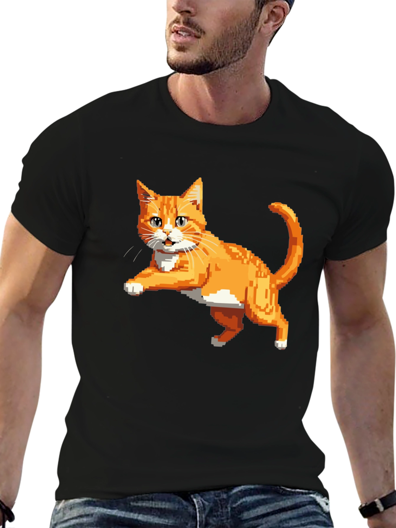 Black Pixelated Orange Cat T-Shirt - Cool Retro Design view 6