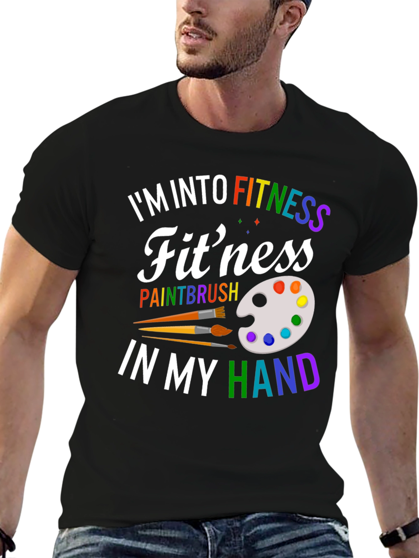 Black Fitness Paintbrush T-Shirt - Colorful Design view 6