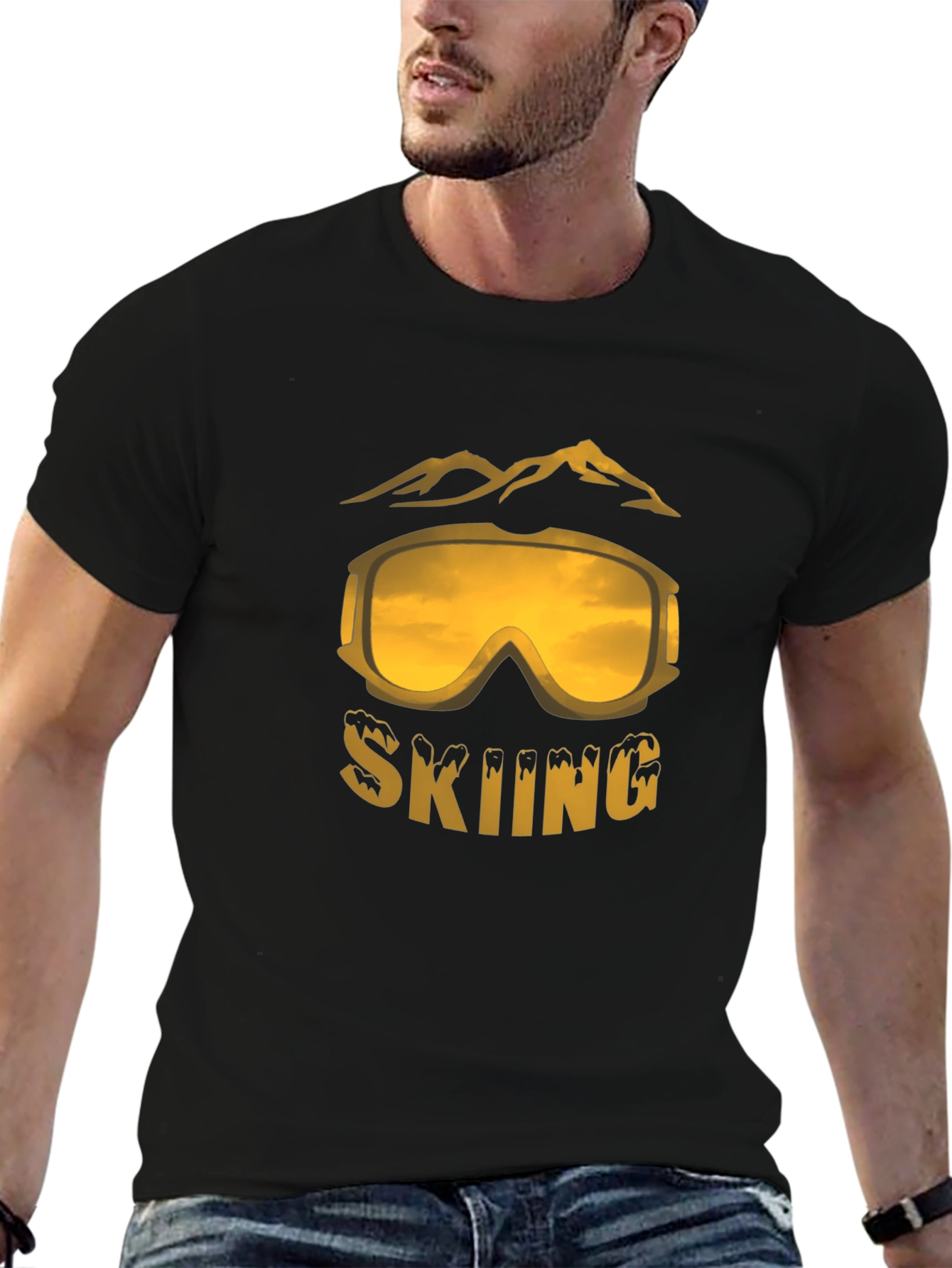 Black Skiing Graphic Tee - Black Cotton Blend T-Shirt view 6