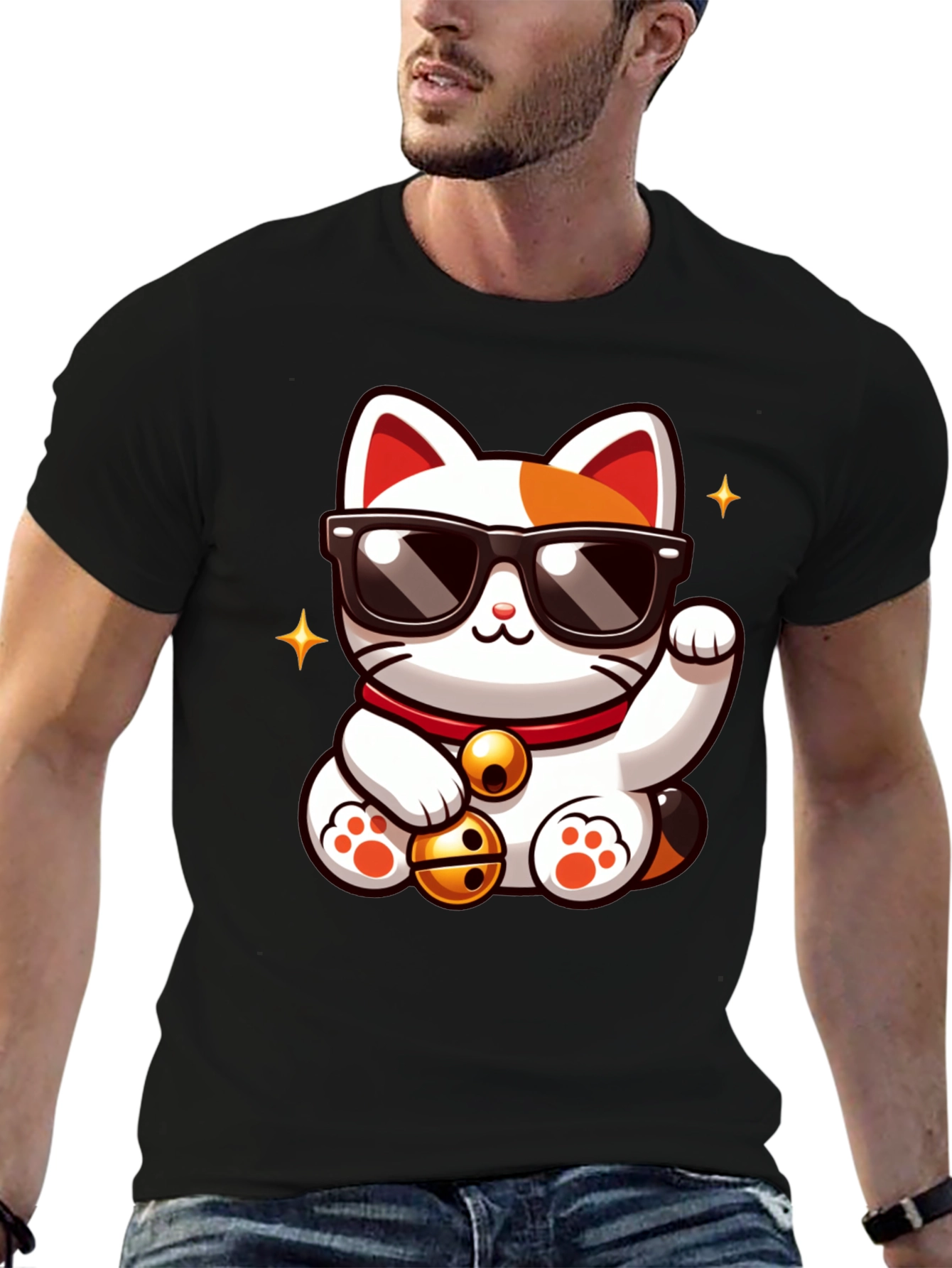 Black Lucky Cat T-Shirt - Cool Cartoon Design view 6