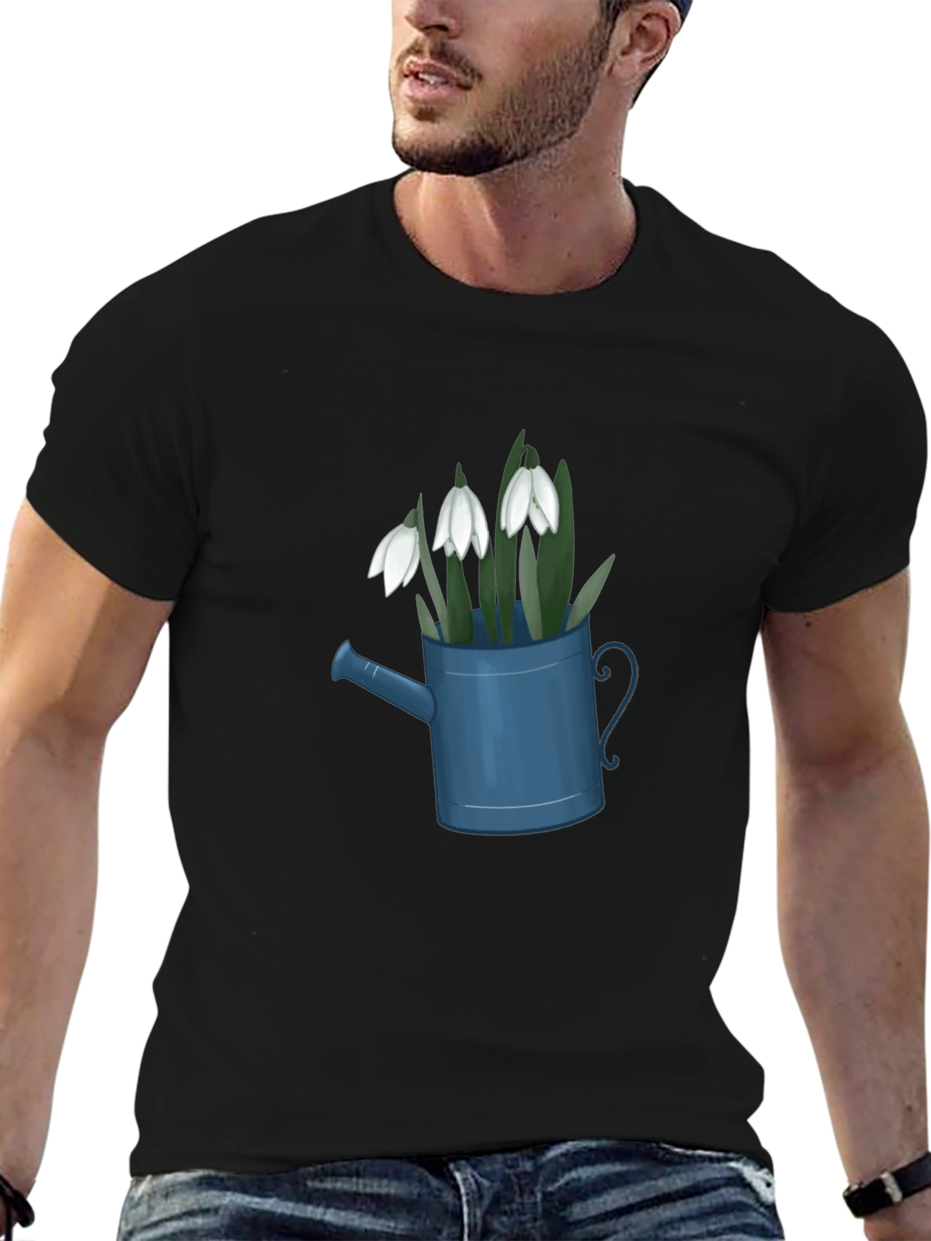 Black Snowdrop Flowers in Watering Can Black T-Shirt view 6