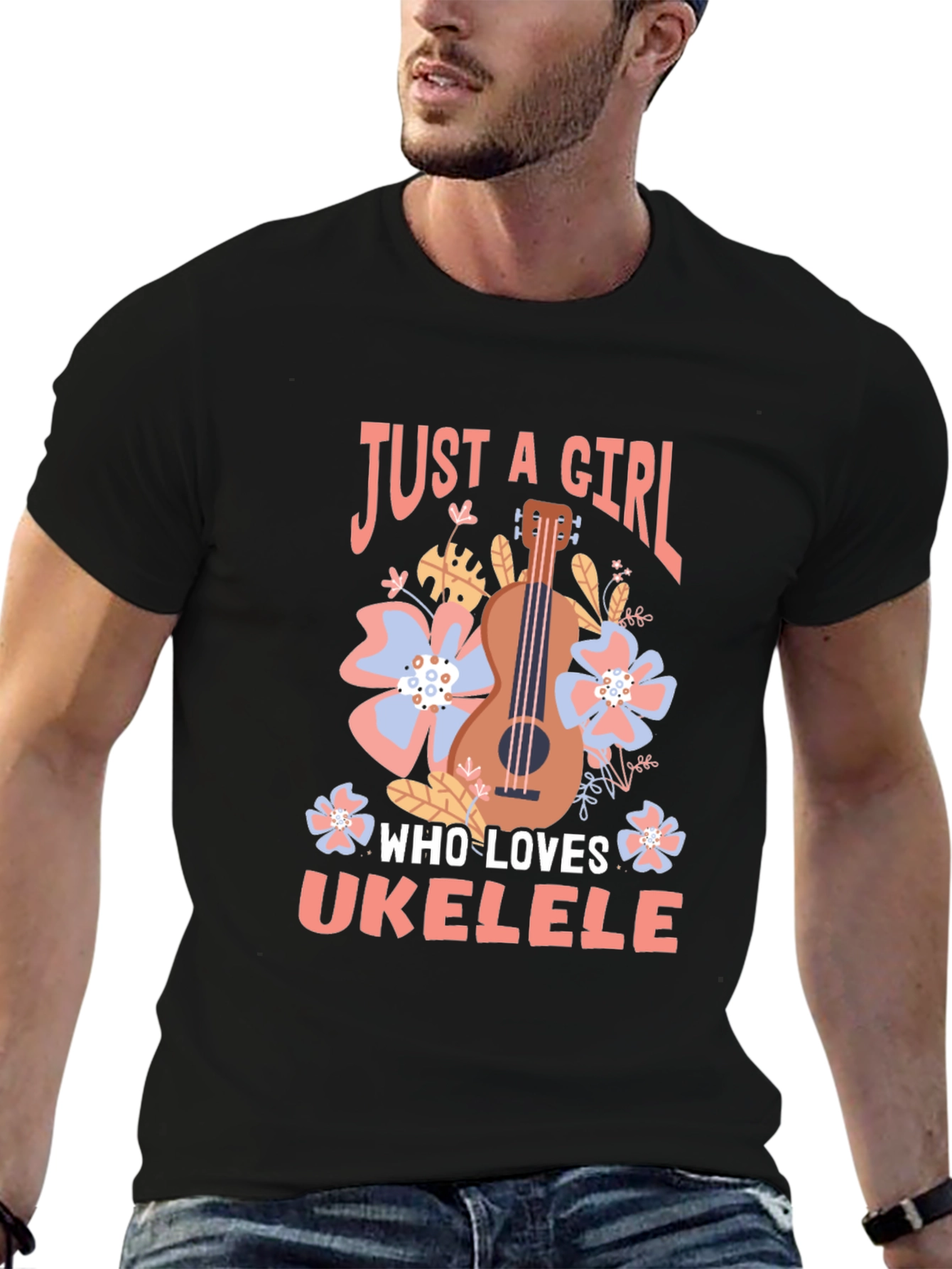 Black Just a Girl Who Loves Ukulele T-Shirt view 6