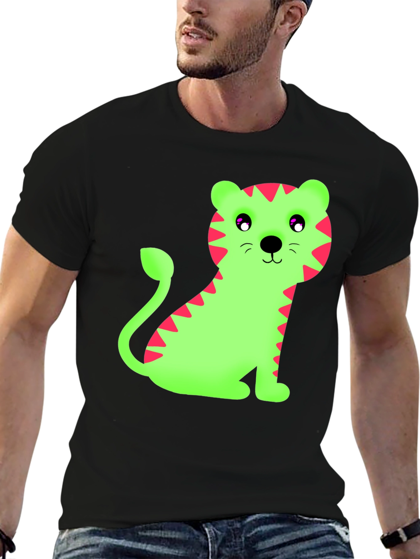 Black Cartoon Tiger Graphic Tee - Fun Black T-Shirt view 6