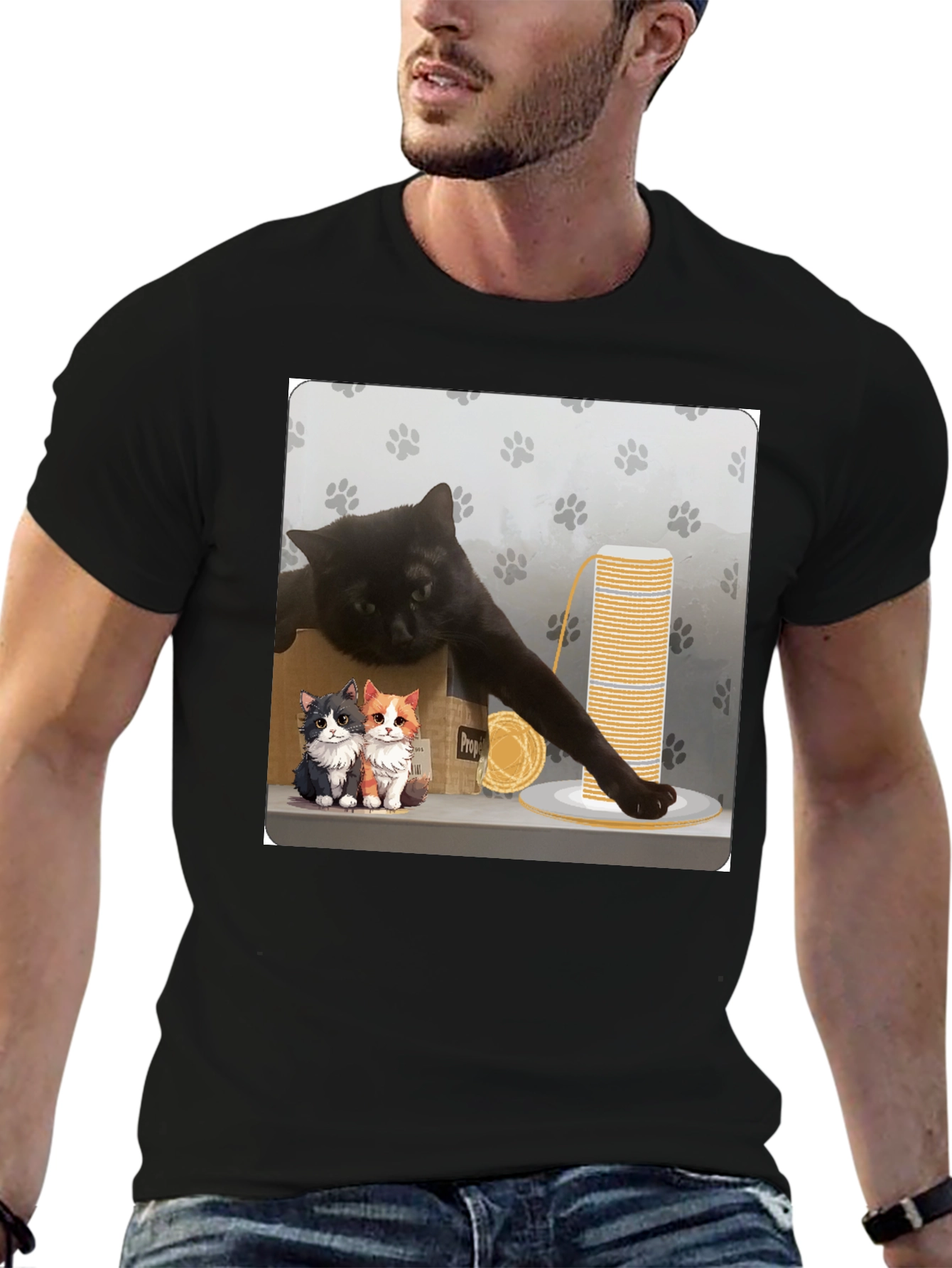 Black Cat Cartoon Graphic Black T-Shirt view 6