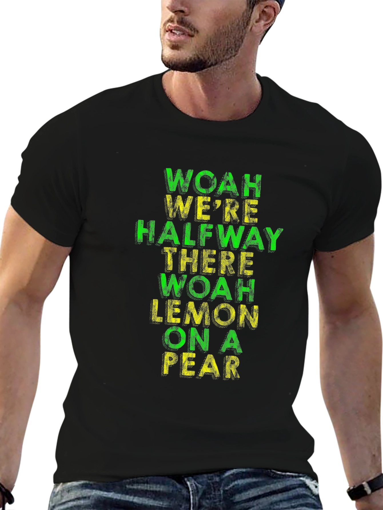 Black Funny T-Shirt: Woah We're Halfway There Lemon On A Pear view 6