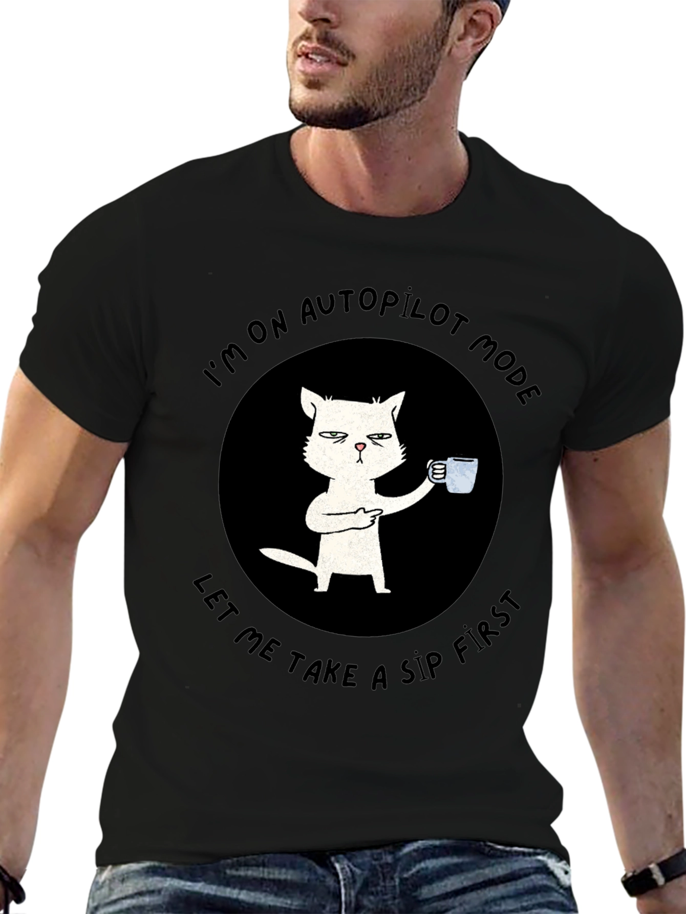 Black Autopilot Cat Coffee T-Shirt - Funny Novelty Tee view 6