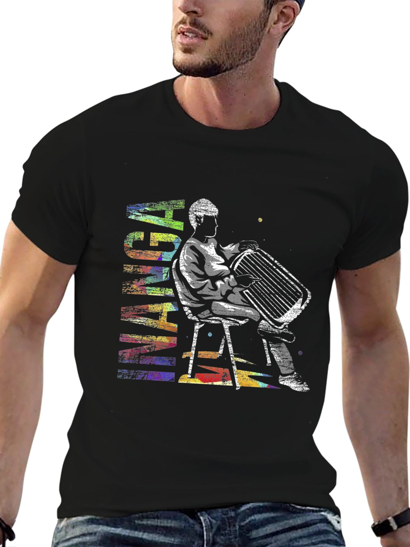 Black Abstract Accordion Player Graphic T-Shirt view 6