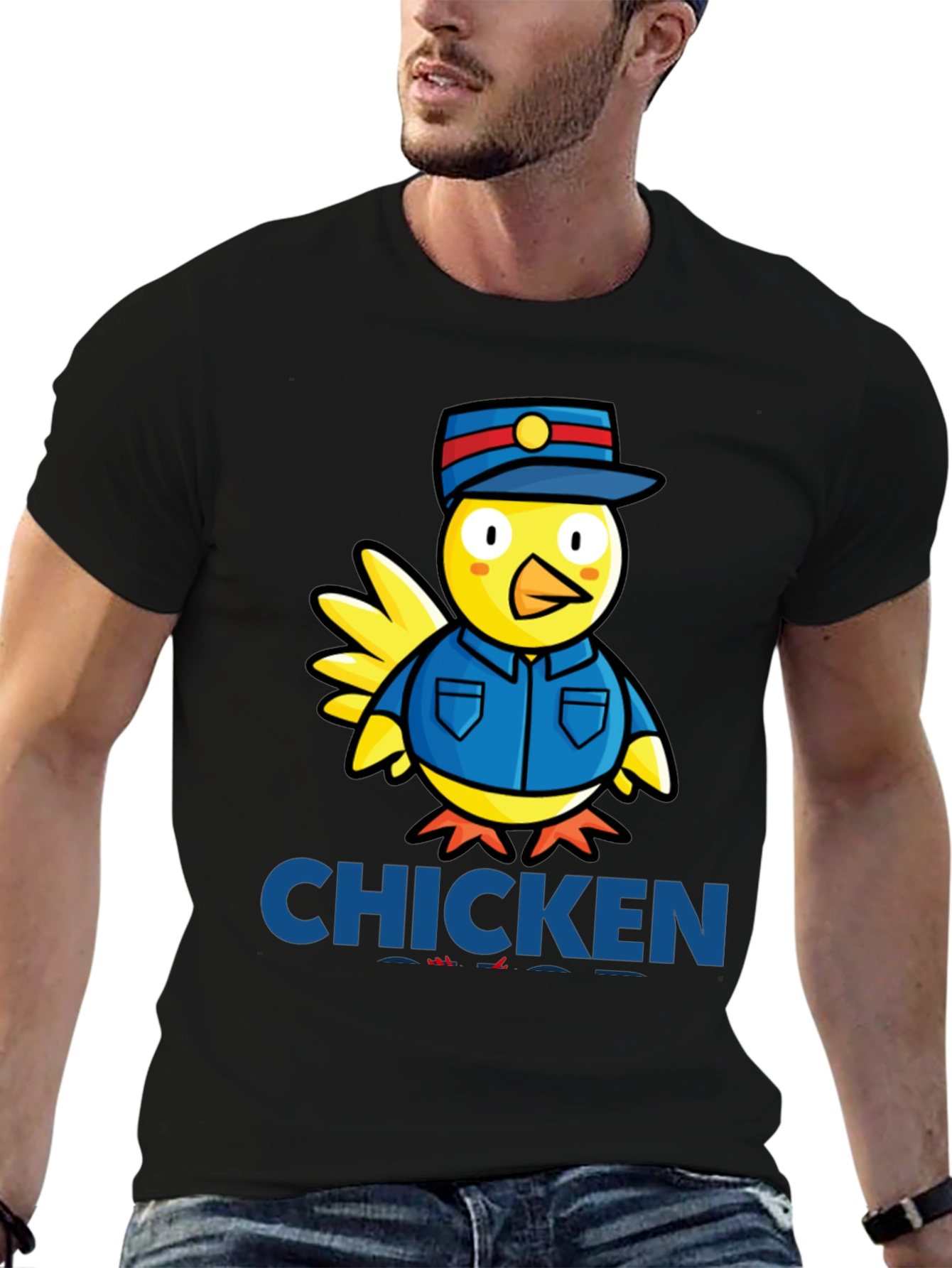 Black Chicken Officer Graphic Tee - Funny Cartoon Bird T-Shirt view 6