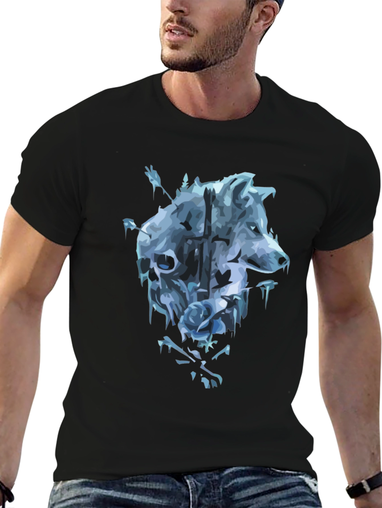 Black Wolf Skull Rose Graphic T-Shirt - Men's Black Tee view 6
