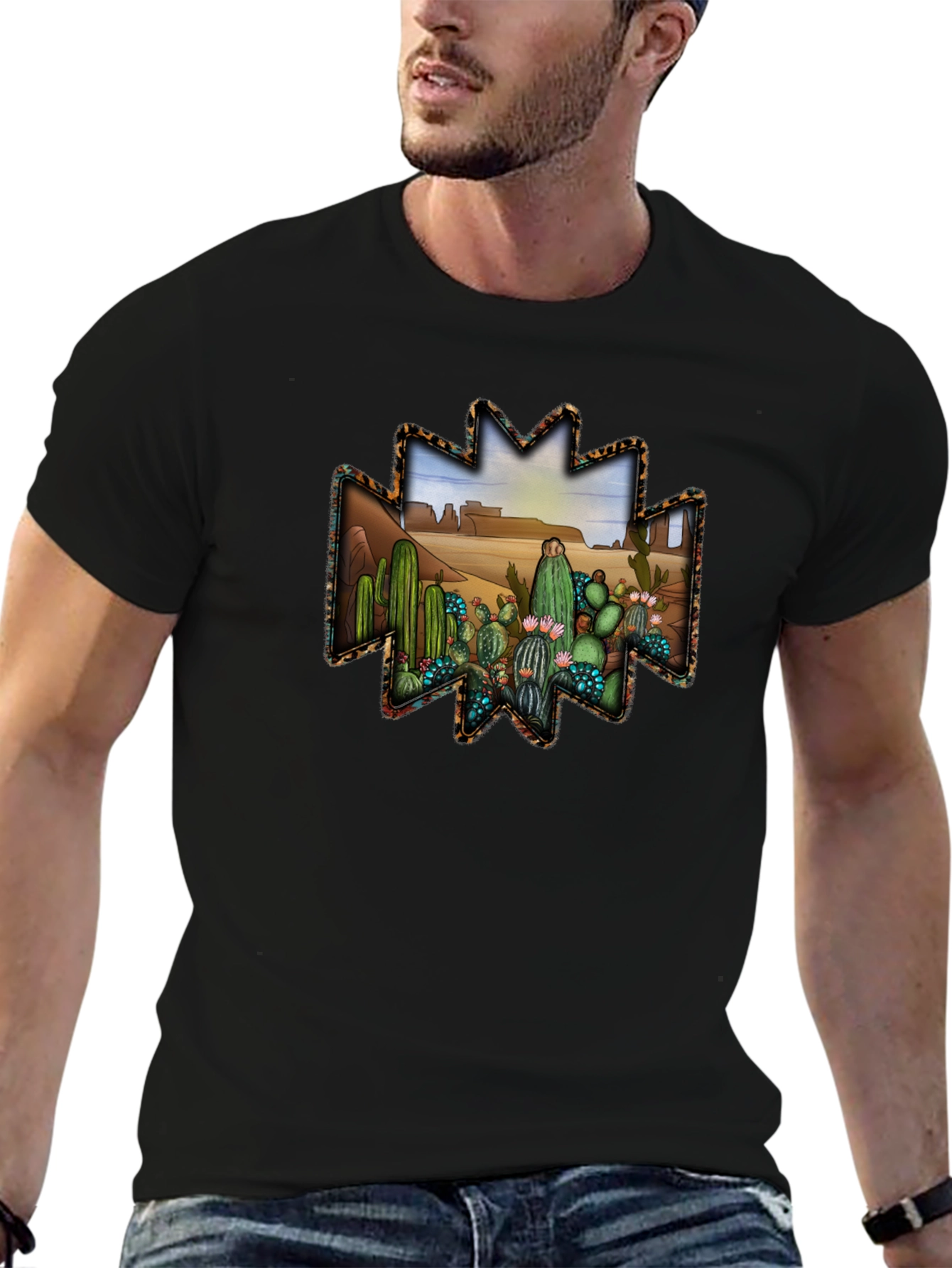 Black Desert Cactus Graphic Tee - Western Style Black T-Shirt view 6