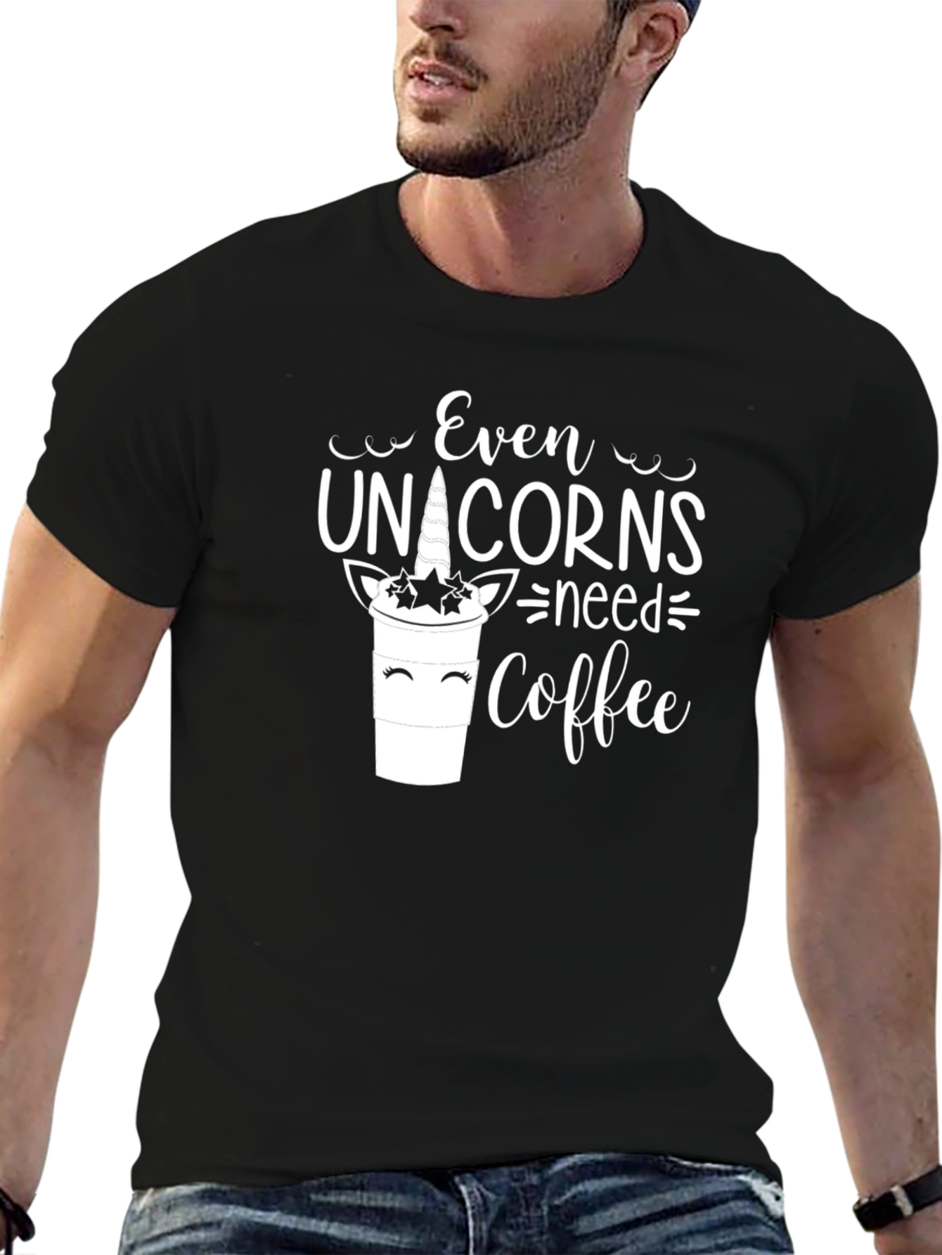 Black Even Unicorns Need Coffee T-Shirt view 6