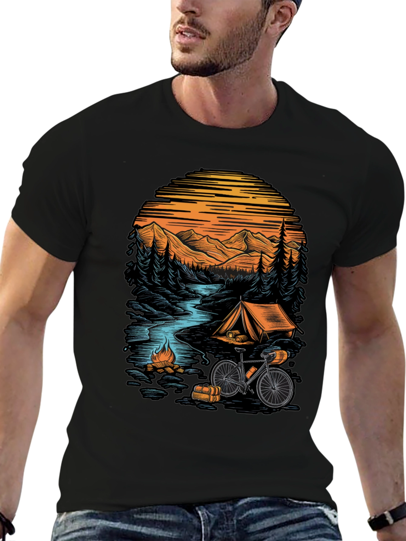Black Adventure Camping T-Shirt - Mountain & Bicycle Design view 6