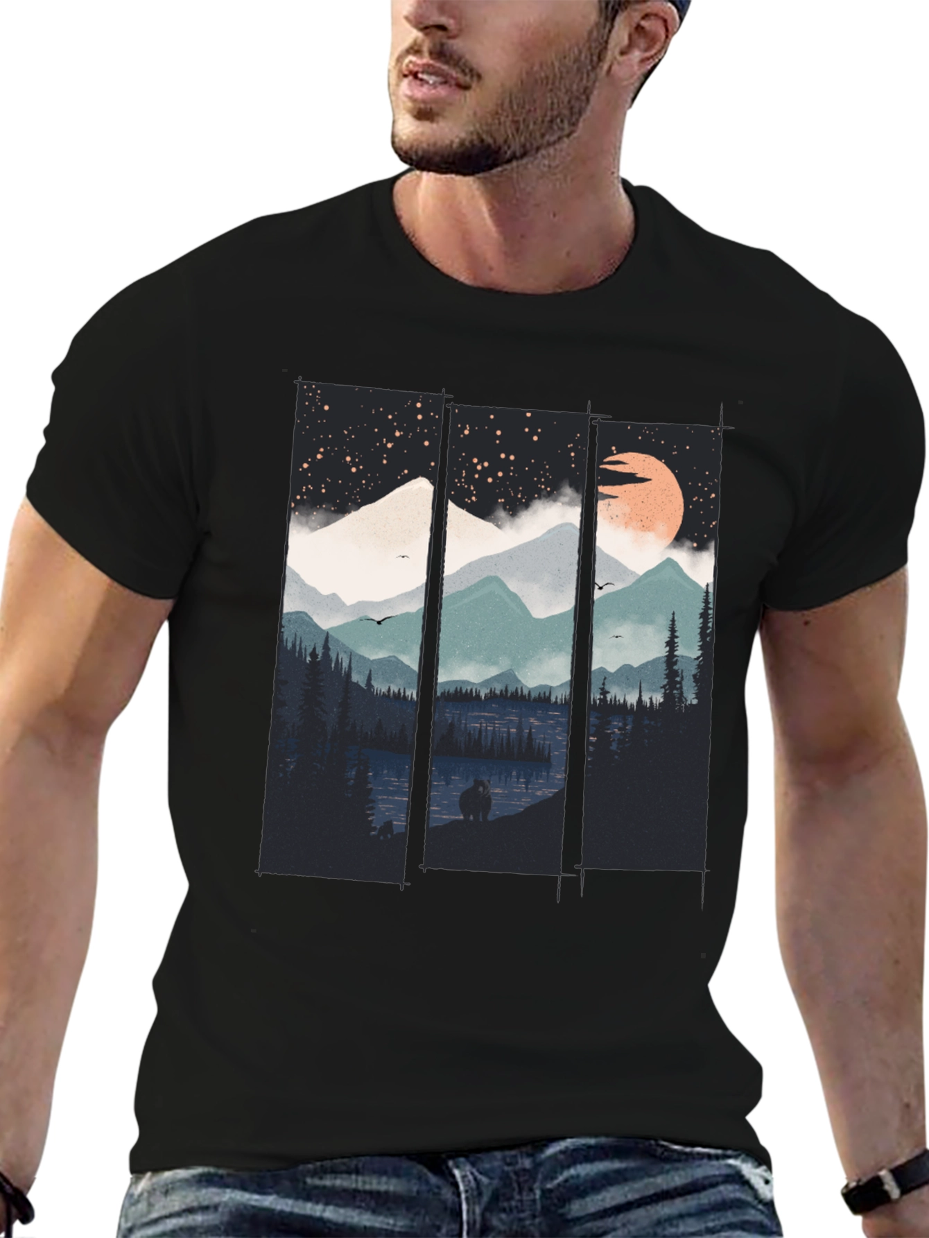 Night Sky Mountain Graphic Tee - Soft Black Cotton T-Shirt - 6