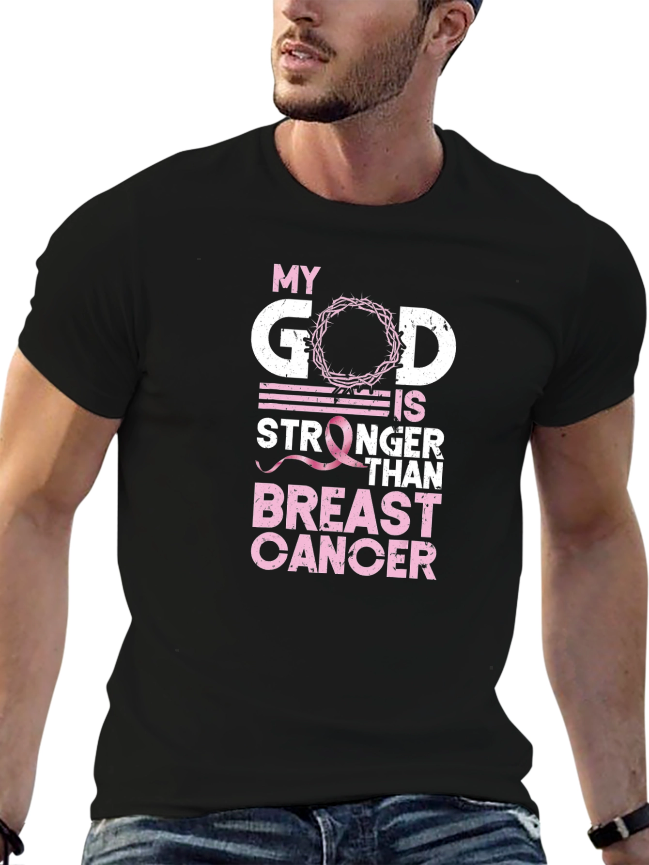 Black My God is Stronger Than Breast Cancer Awareness T-Shirt view 6