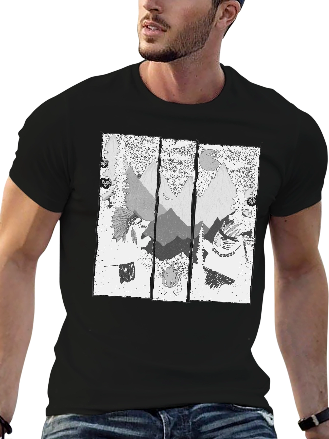 Men's Black T-Shirt with Mountain Graphic Print - 6