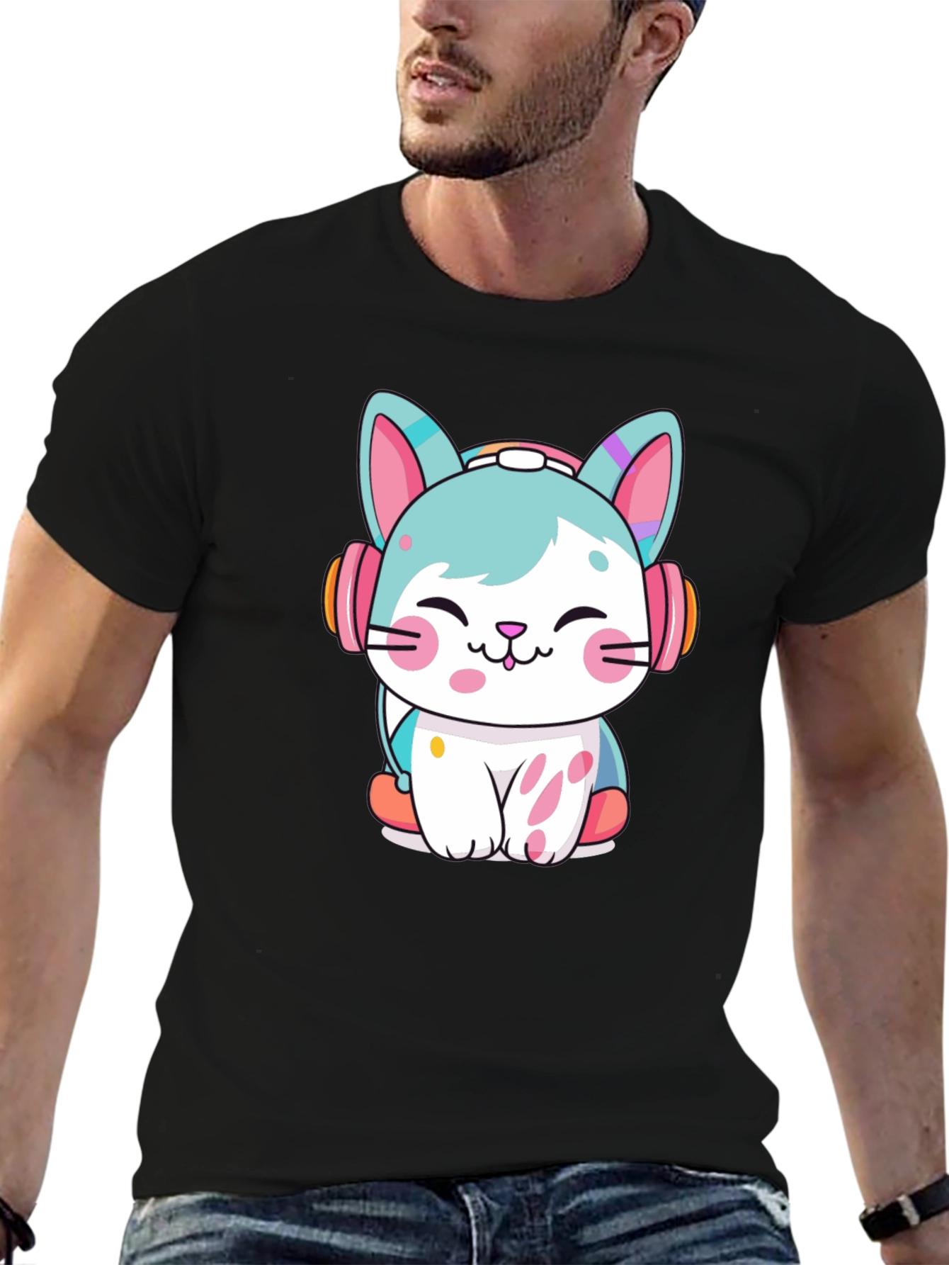 Black Cute Cat with Headphones Graphic Tee view 6