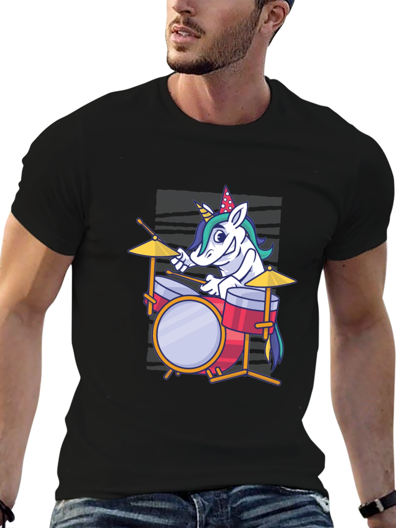 Black Unicorn Drummer Graphic Tee - Fun & Unique T-Shirt view 6