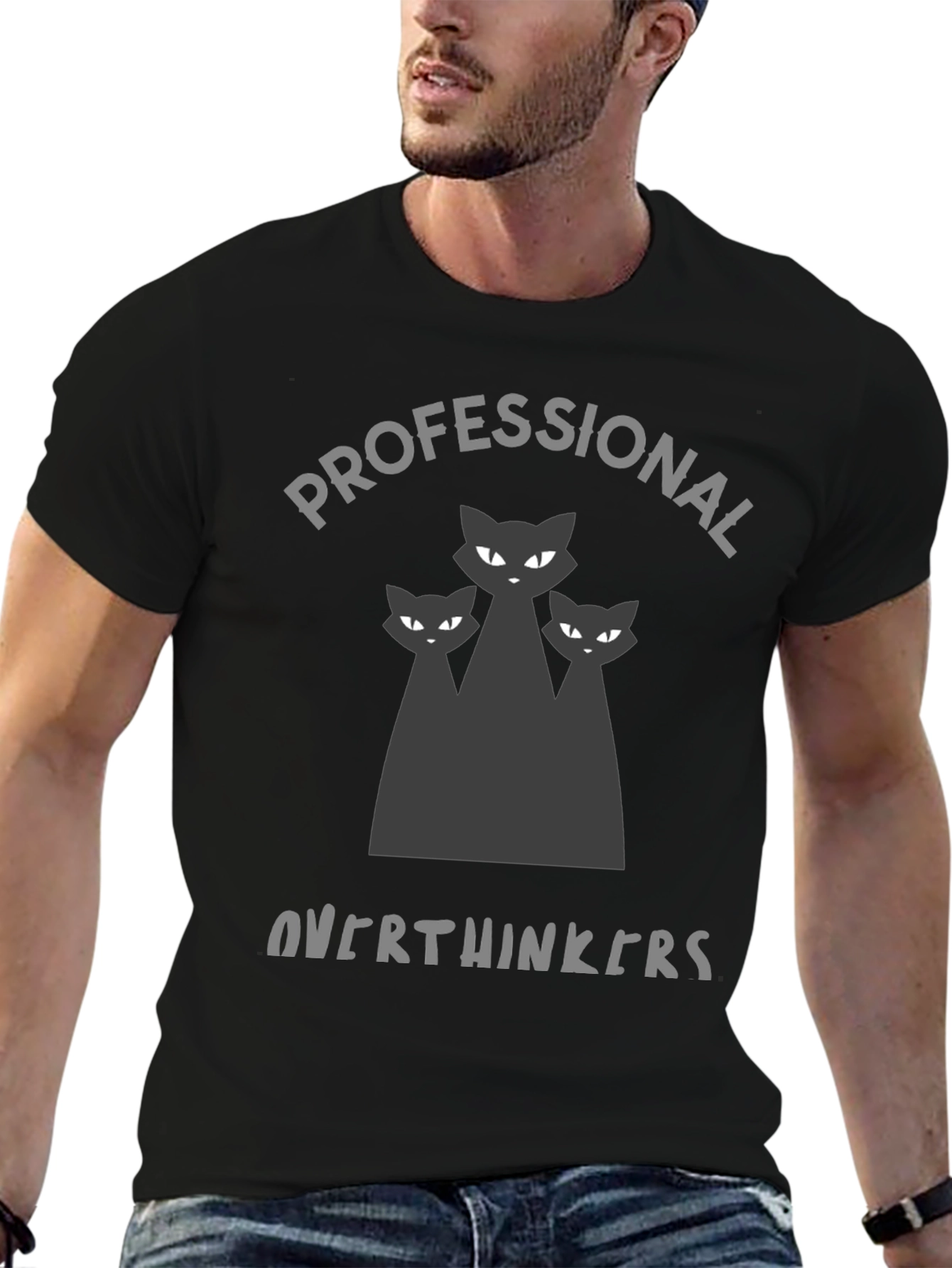 Black Professional Overthinkers T-Shirt - Black Cat Graphic Tee view 6