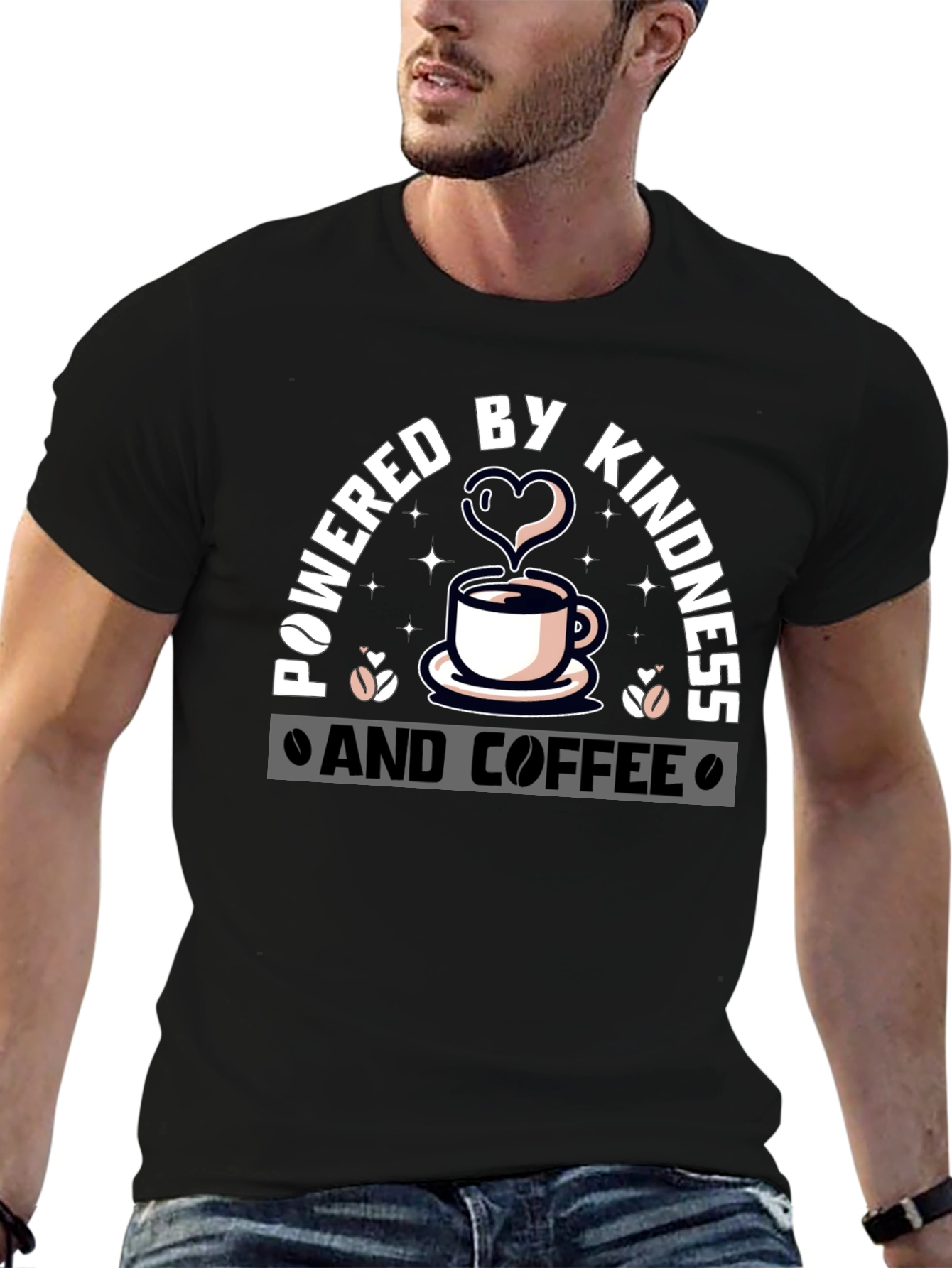 Black Powered By Kindness and Coffee Graphic Tee view 6